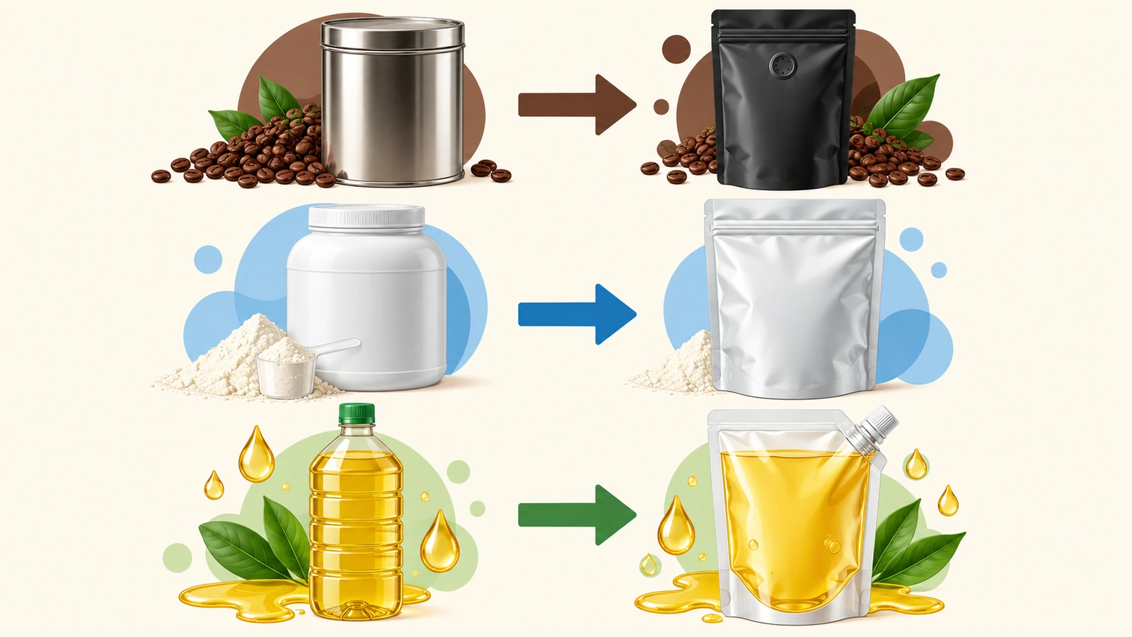 Schema di abbinamento che collega una latta di caffè a un sacchetto con valvola, una vaschetta di polvere a un ampio sacchetto con zip e una bottiglia di liquido a un sacchetto con beccuccio, con frecce colorate