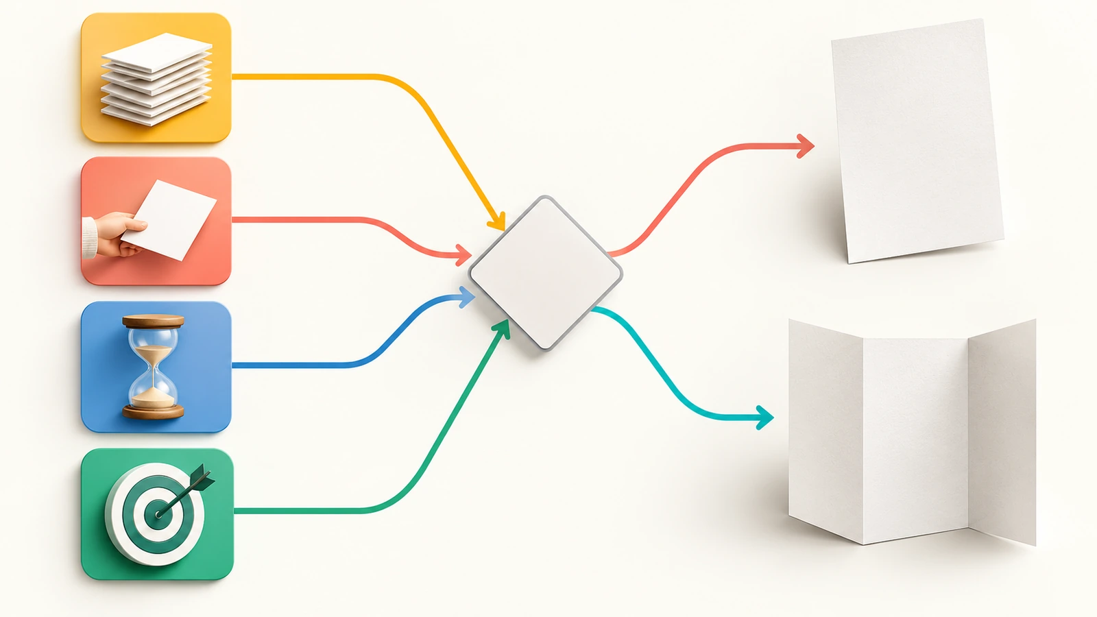 Illustrazione di quattro fattori decisionali (volume dei contenuti, canale di distribuzione, tempo di lettura e obiettivo della campagna) che portano a un volantino piano o a un pieghevole