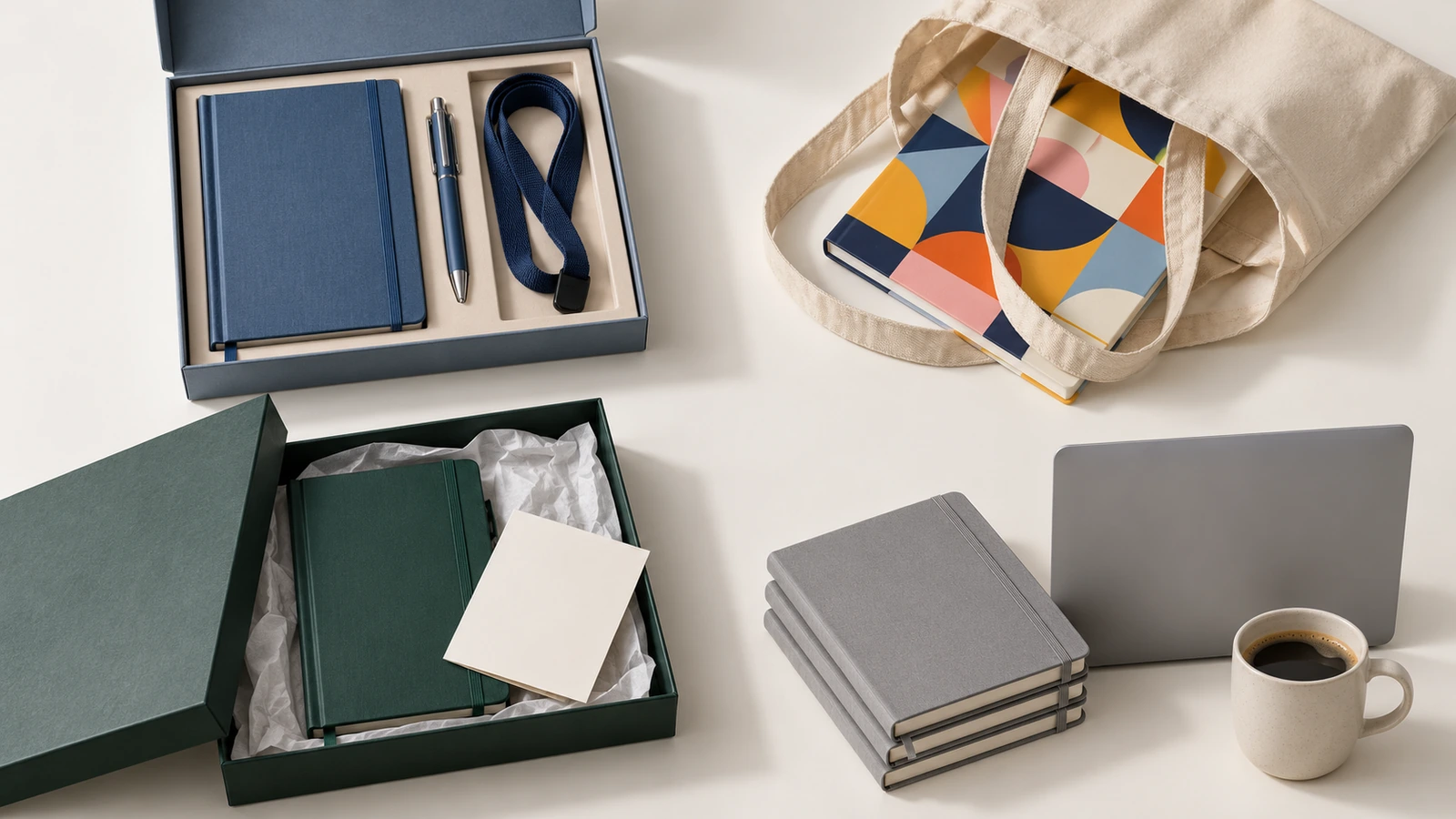 Quattro gruppi di quaderni con copertina rigida disposti come kit di onboarding, borsa per conferenze, scatola regalo per clienti e allestimento di un tavolo in un'aula formativa