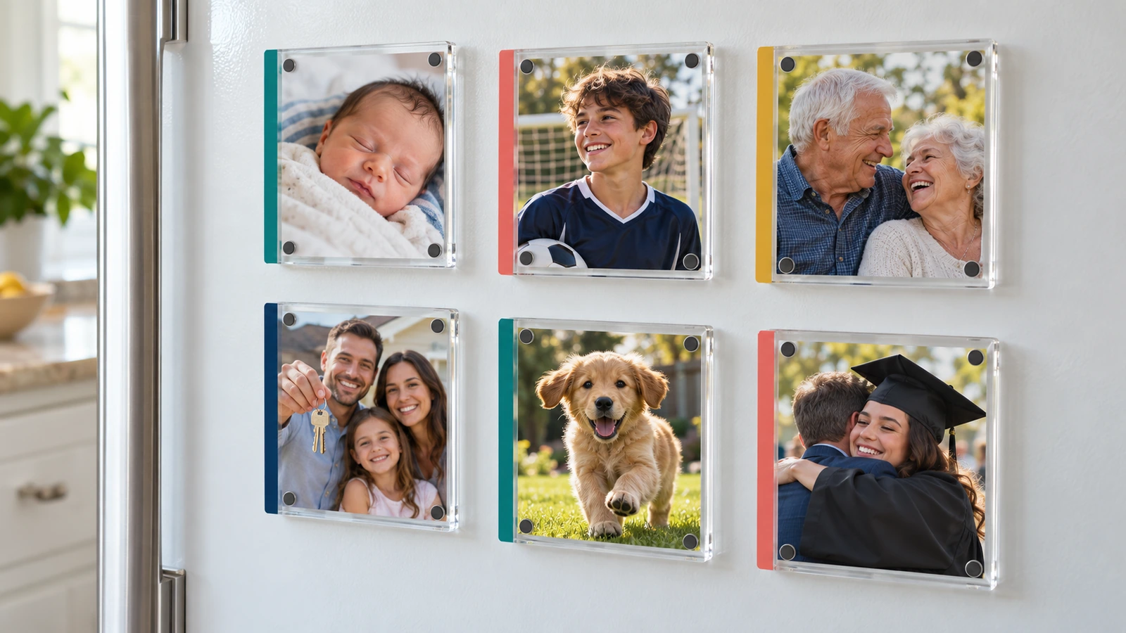 Diverse cornici magnetiche in acrilico trasparente per foto con immagini di famiglia, bambini e animali domestici su un'anta bianca di frigorifero, ciascuna con una piccola striscia colorata del marchio su un bordo