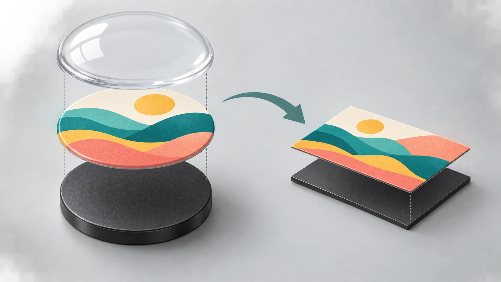 Illustrazione in sezione di un magnete da frigo personalizzato che mostra il fronte stampato, lo strato protettivo trasparente e il supporto magnetico come strati colorati sovrapposti