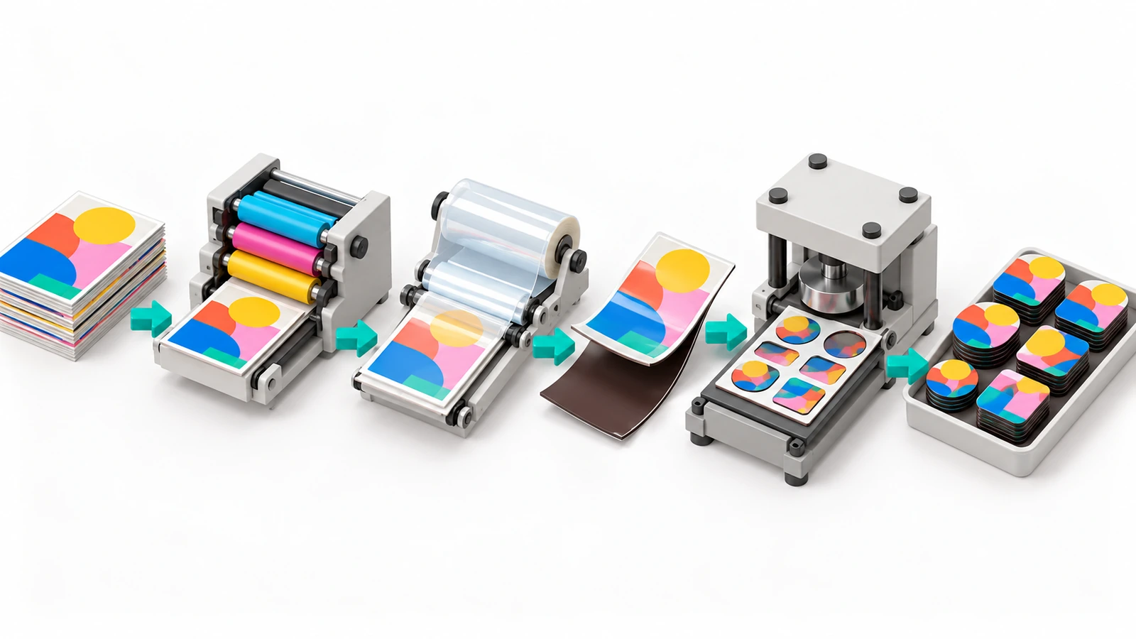Flusso di produzione delle calamite da frigorifero stampate: dalla grafica alla stampa, laminazione, supporto magnetico e fustellatura