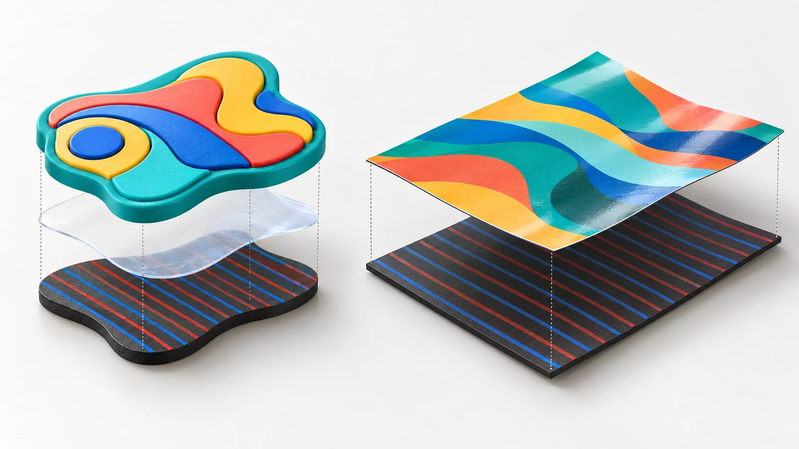 Sezione trasversale esplosa che confronta un magnete da frigo in PVC morbido stampato con una striscia magnetica di supporto separata e un foglio magnetico flessibile monostrato con faccia stampata