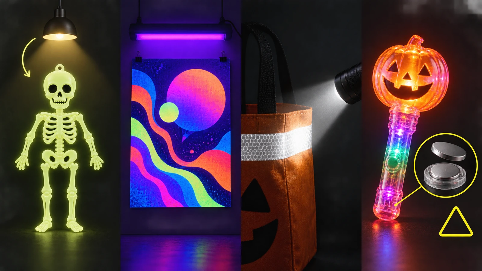 Illustrazione a 4 riquadri che confronta un adesivo luminescente, una stampa illuminata da luce nera, una striscia riflettente colpita dal fascio di una torcia e un giocattolo luminoso a batteria