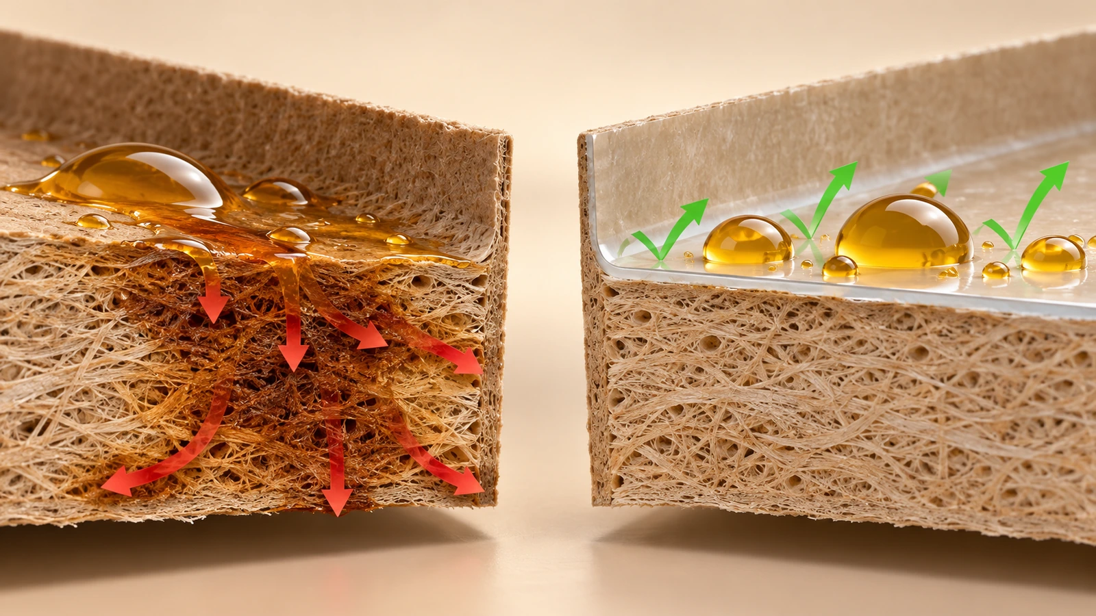 Illustrazione in sezione che confronta le pareti di due contenitori in cartoncino: gocce d'olio assorbite dalla fibra non trattata su 1 lato e bloccate da un sottile strato barriera sull'altro