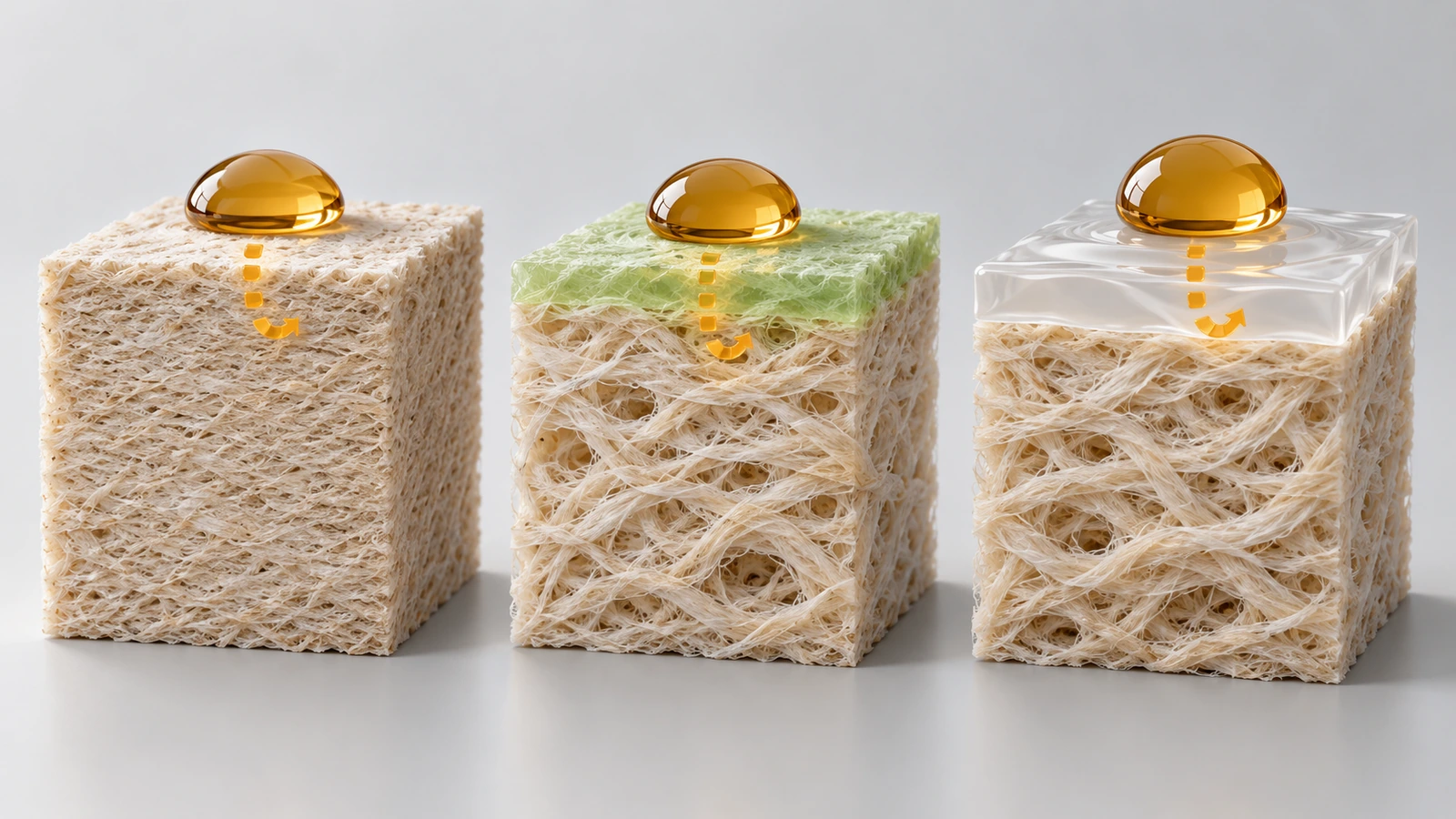 Illustrazione in sezione che confronta tre meccanismi della carta barriera ai grassi: fibra raffinata in modo denso, superficie trattata chimicamente e rivestimento a film continuo, con gocce d'olio fermate a profondità diverse