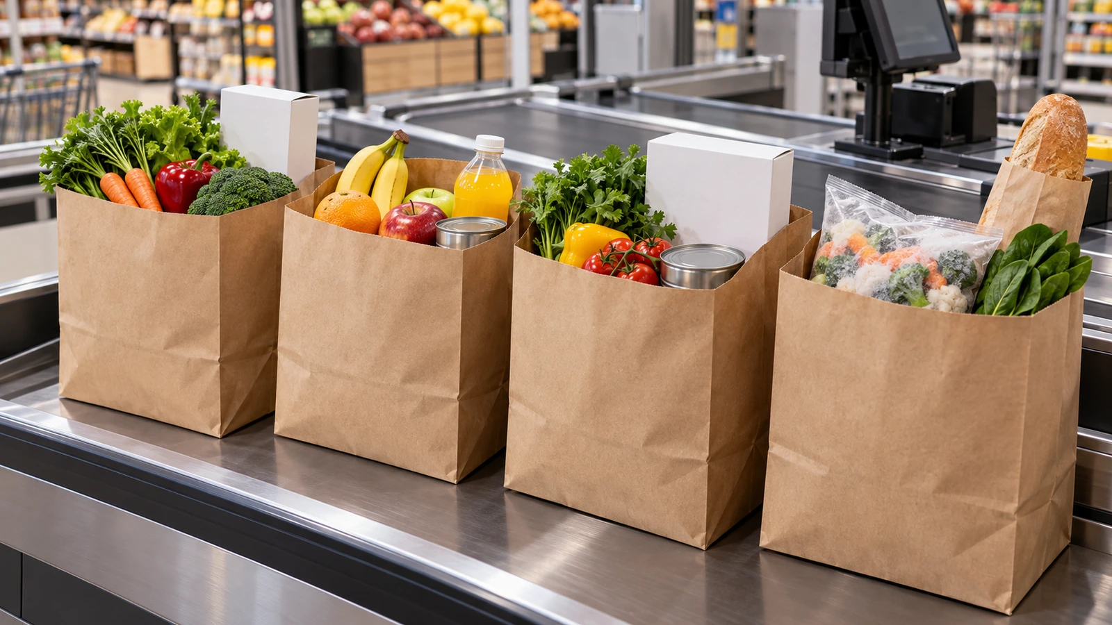Corsia di cassa di un supermercato con borse kraft marroni lisce per la spesa piene di ortofrutta, bottiglie e prodotti confezionati