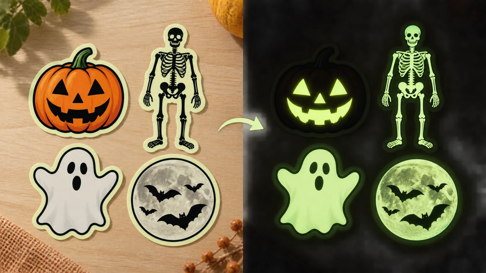 Adesivi fosforescenti di Halloween mostrati alla luce del giorno con grafica a colori di zucca, fantasma e scheletro, e al buio con solo le aree non stampate che brillano di verde
