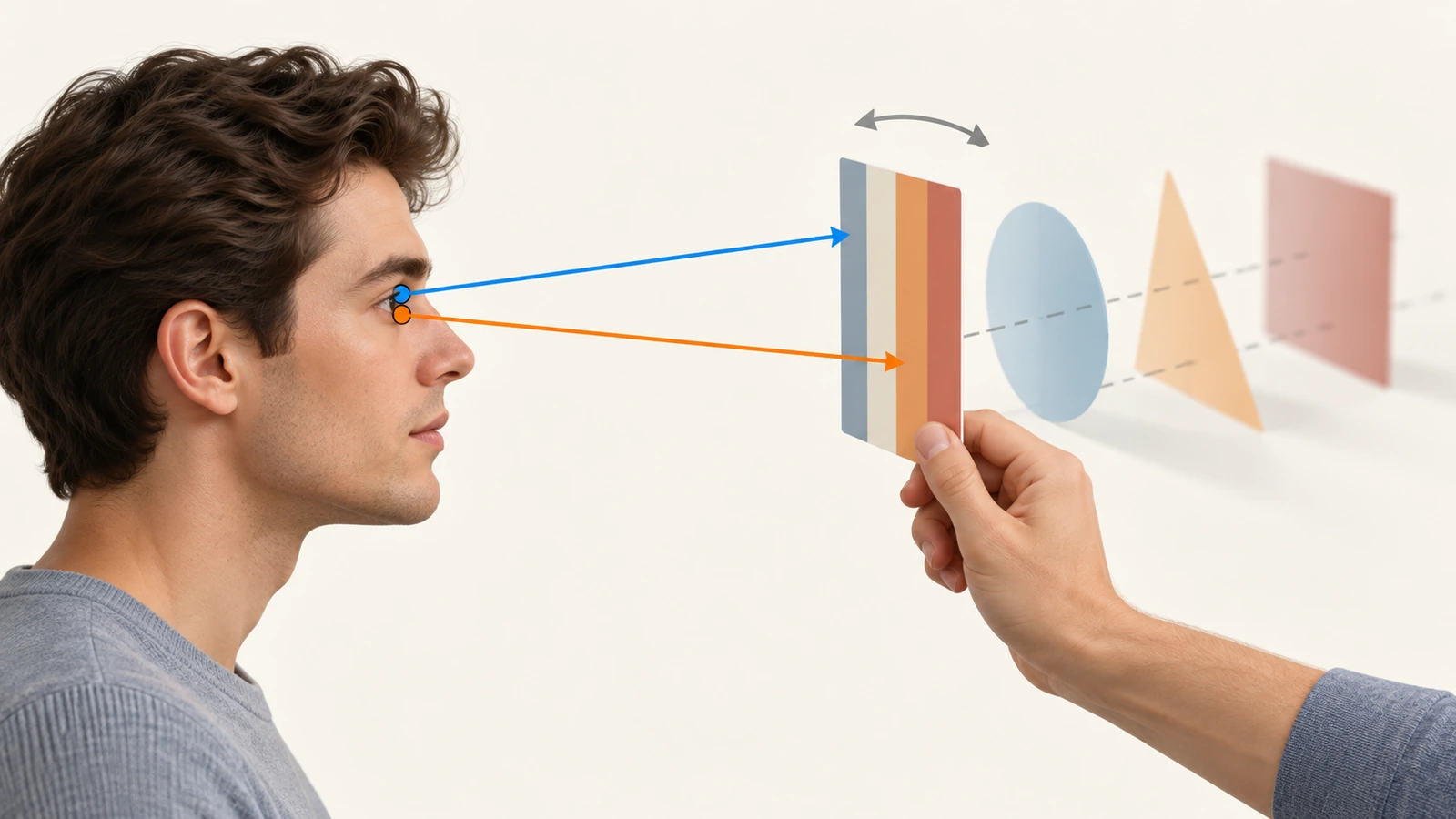 Illustrazione di una mano che tiene una tessera lenticolare a distanza di braccio, con frecce che mostrano le linee di vista dell'occhio sinistro e destro convergenti sulla profondità a livelli