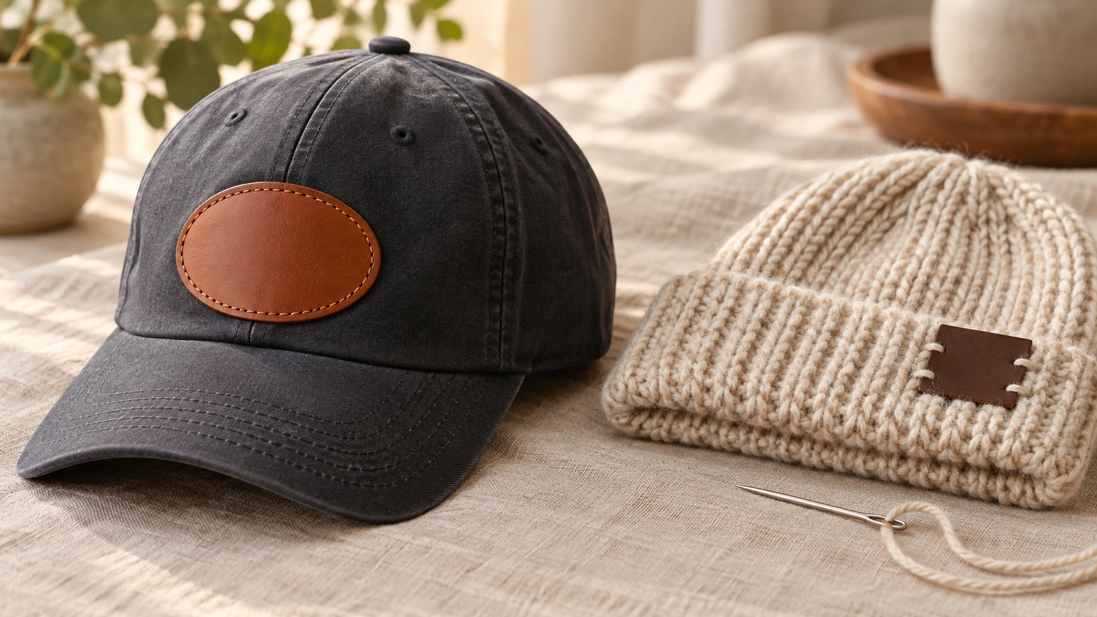Un cappellino strutturato e un berretto in maglia ripiegato affiancati, con una patch in pelle cucita sul pannello frontale del cappellino e un'etichetta ripiegata cucita a mano sul risvolto del berretto