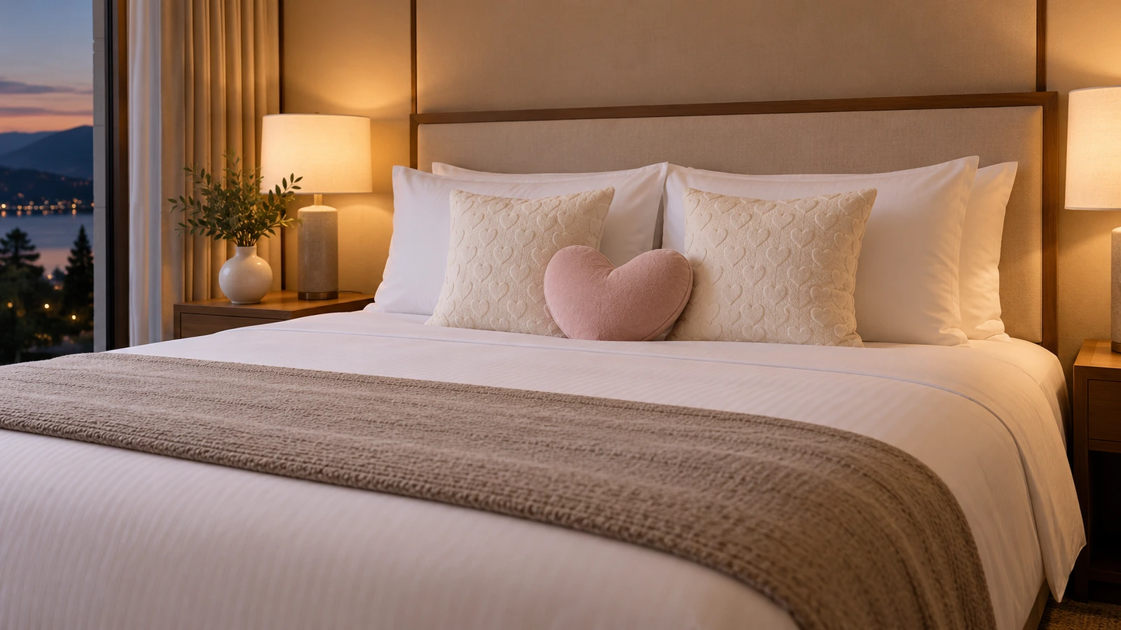 Letto di una suite d'albergo con cuscini bianchi da letto, due quadrati da arredo con un sottile motivo a cuore e un piccolo accento di cuore fustellato al centro