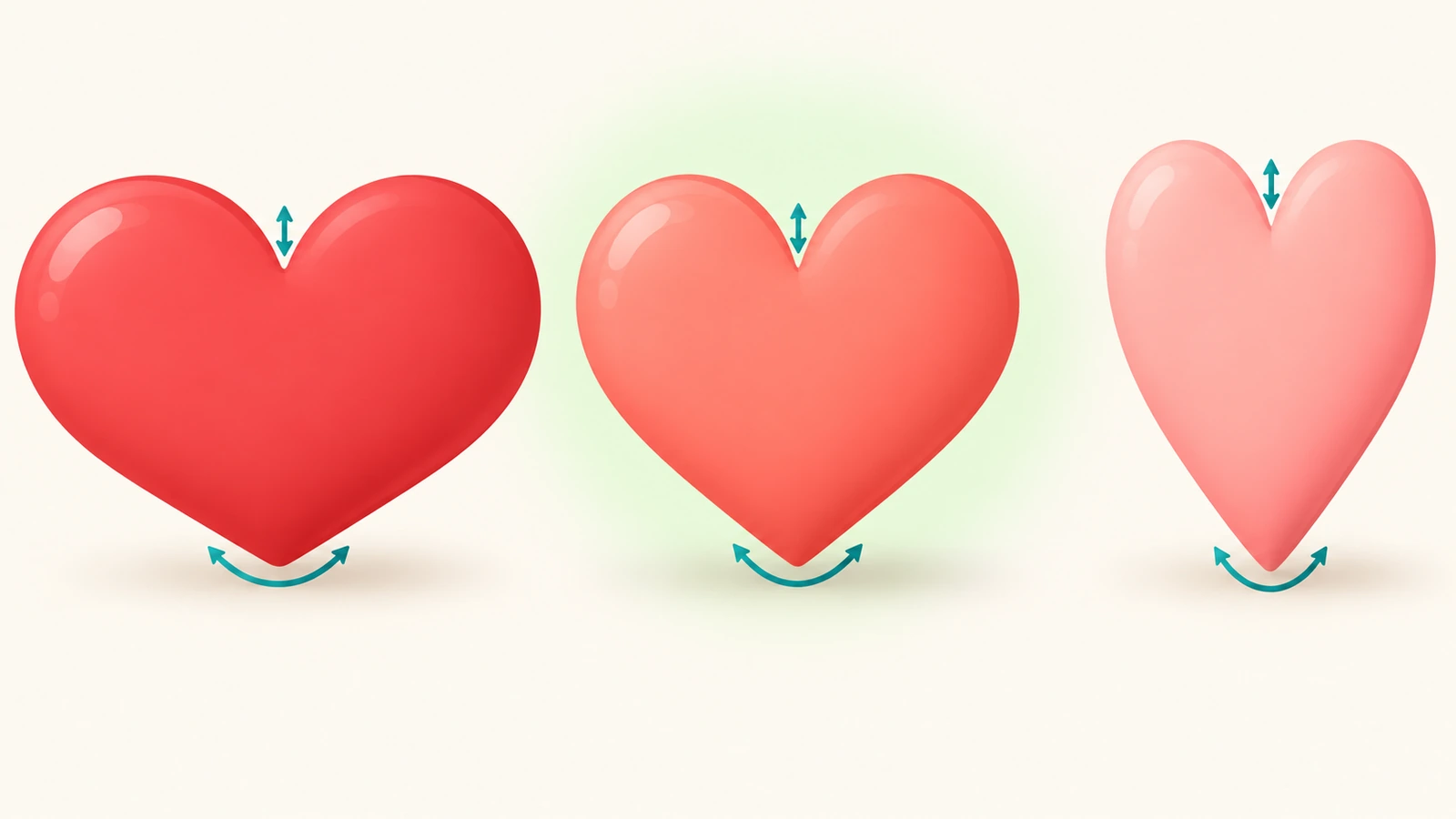 Illustrazione piatta che confronta tre sagome di cuore: un cuore largo e morbido, un cuore equilibrato e un cuore alto e stretto, con frecce che indicano la profondità dell'incavo e il raggio della punta