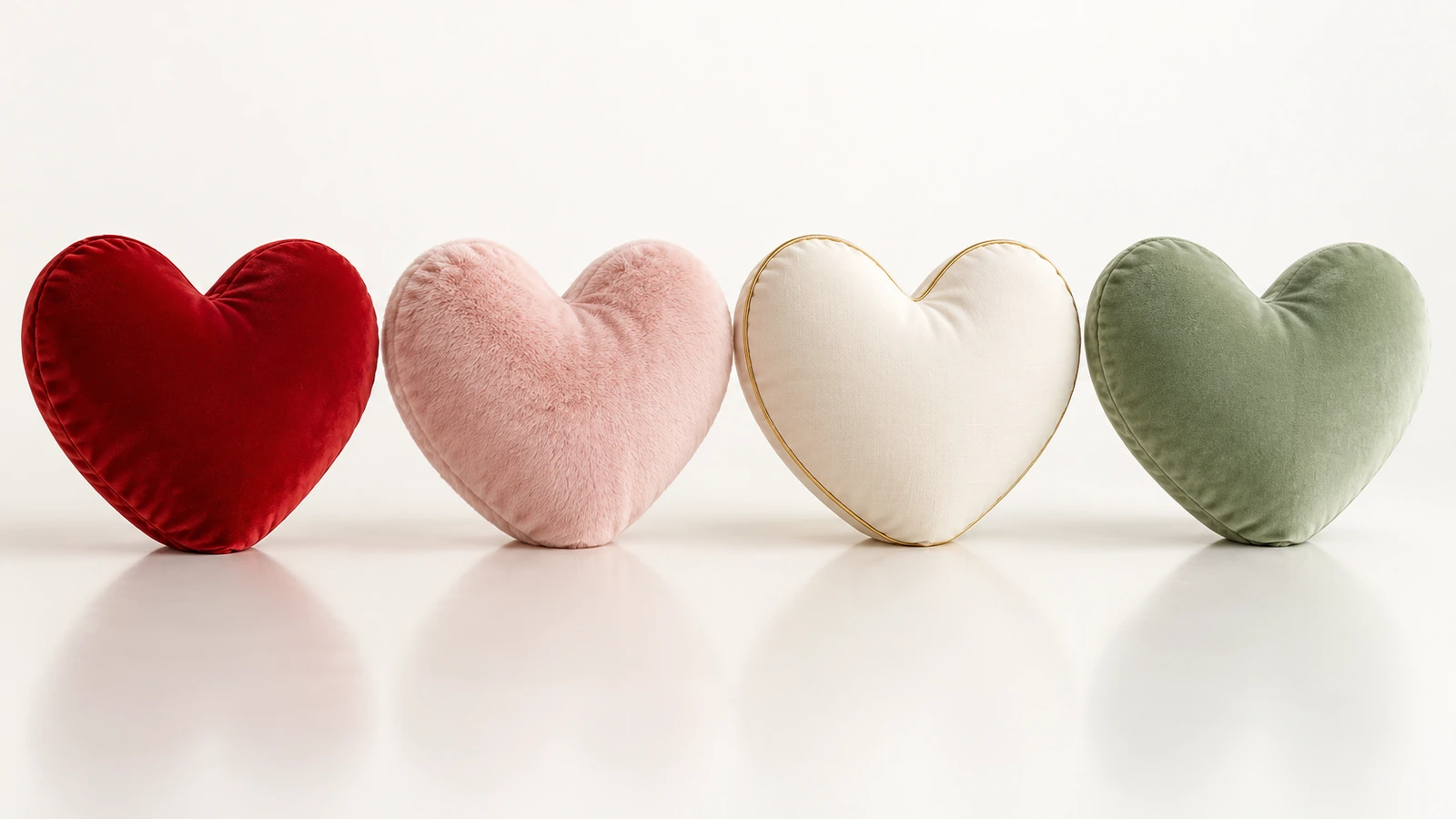 Quattro cuscini a cuore fustellati con la stessa sagoma in fila, in una serie di palette stagionali: rosso intenso, rosa cipria, avorio con oro e salvia tenue