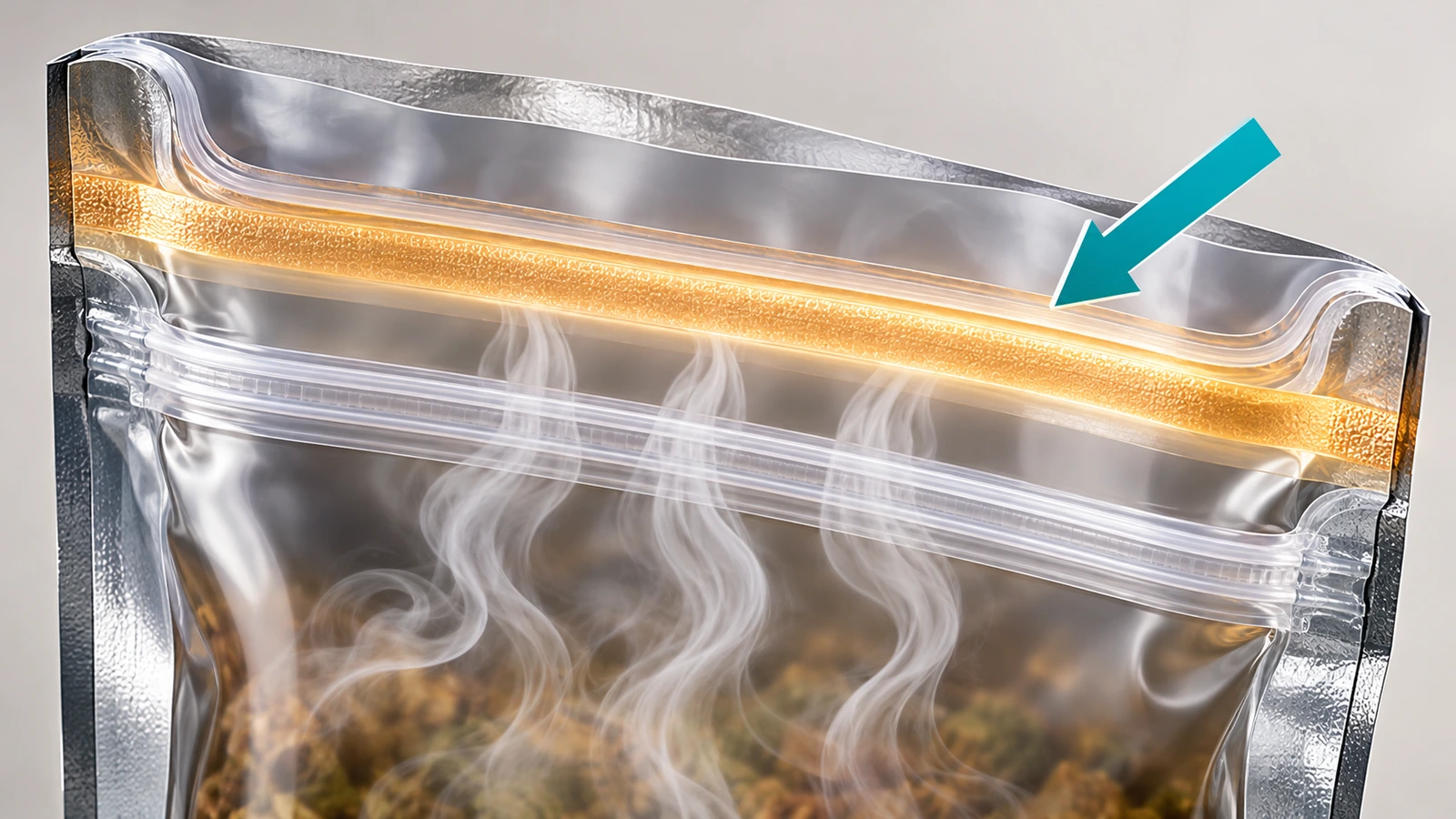 Illustrazione in sezione della parte superiore di una busta piatta che mostra la pista della chiusura zip con una fascia di termosaldatura separata sopra, evidenziate da frecce