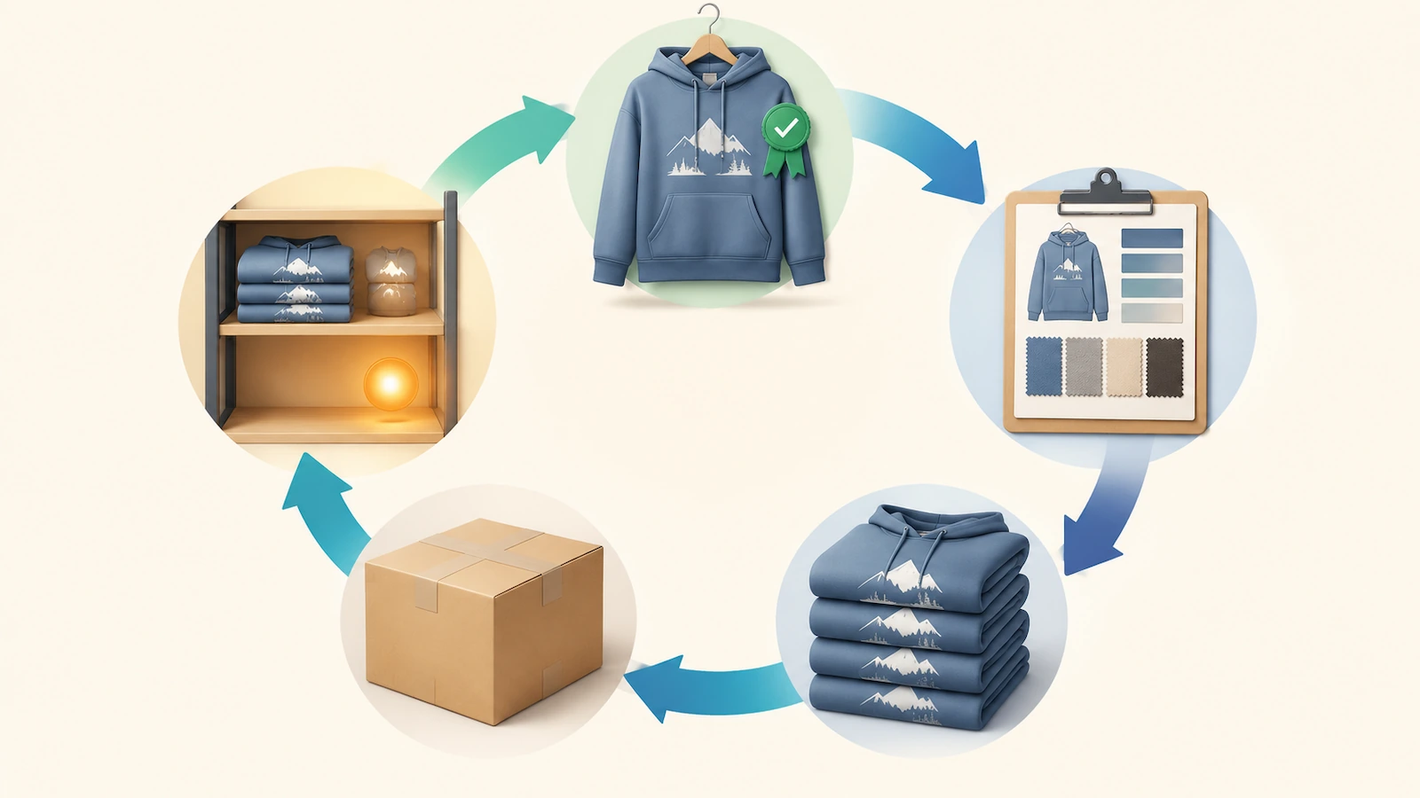 Ciclo di riordino per un brand di hoodie: campione di riferimento approvato, scheda tecnica bloccata, produzione, spedizione e soglia di rifornimento