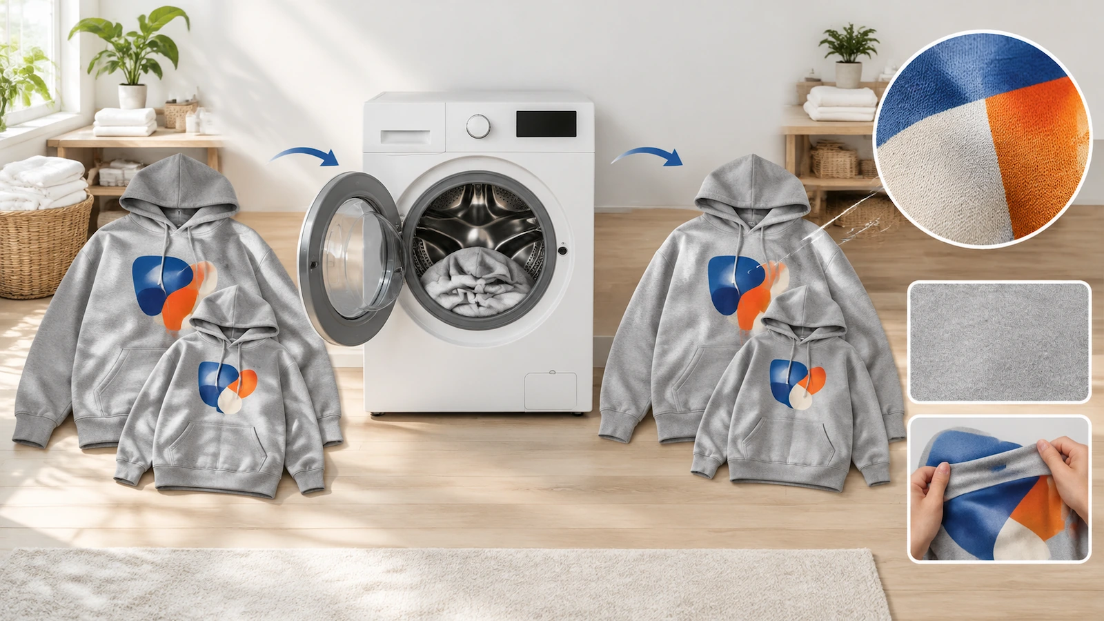 Hoodie campione in taglia piccola e grande confrontati prima e dopo un test di lavaggio per verificare restringimento e screpolatura della stampa