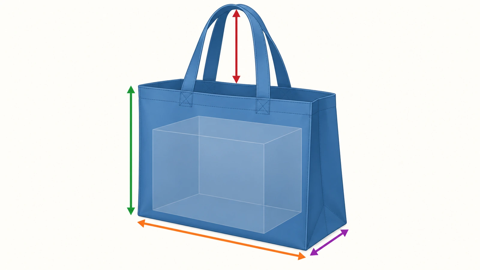 Schema di una grande borsa della spesa riutilizzabile con frecce colorate che indicano larghezza, altezza, profondità del soffietto e caduta dei manici