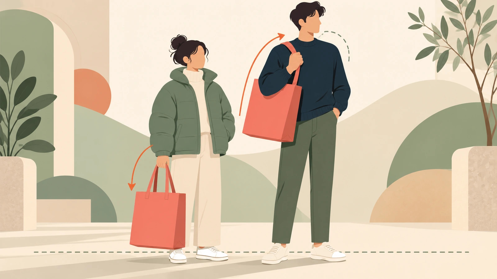 Due persone di altezza diversa che portano la stessa borsa riutilizzabile sovradimensionata, una a mano e una a spalla
