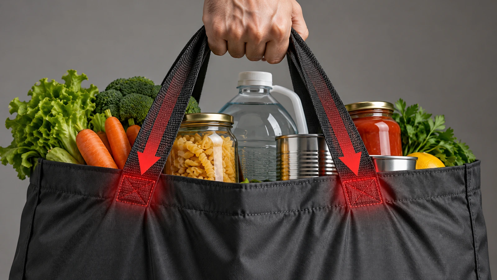 Grande borsa della spesa in nylon piena di generi alimentari pesanti, con frecce che mostrano la tensione concentrata dove i manici si uniscono al corpo della borsa
