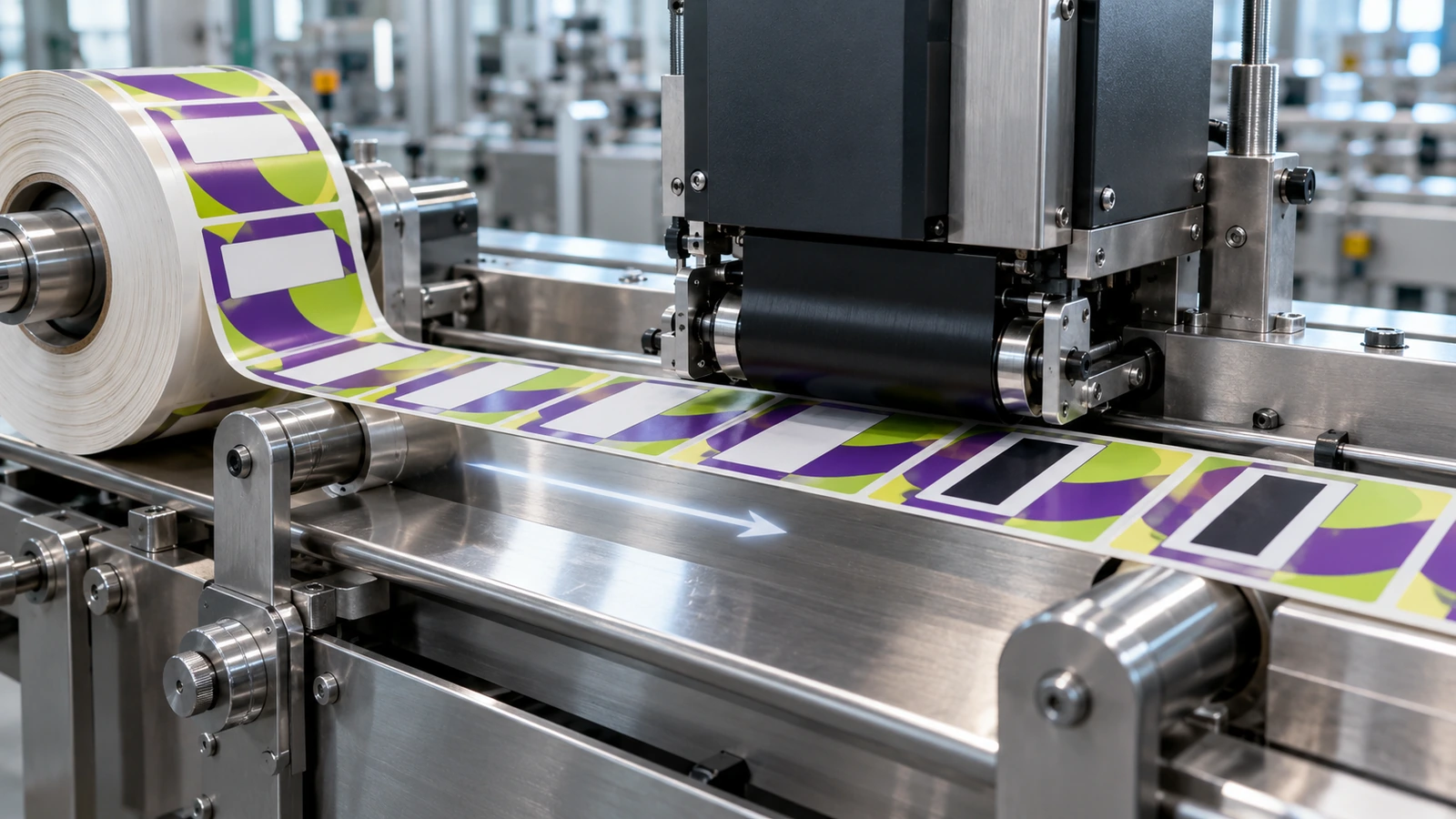 Una bobina di etichette prestampate a colori si svolge sotto una testina a trasferimento termico che aggiunge una banda scura codificata in una finestra vuota riservata su ogni etichetta