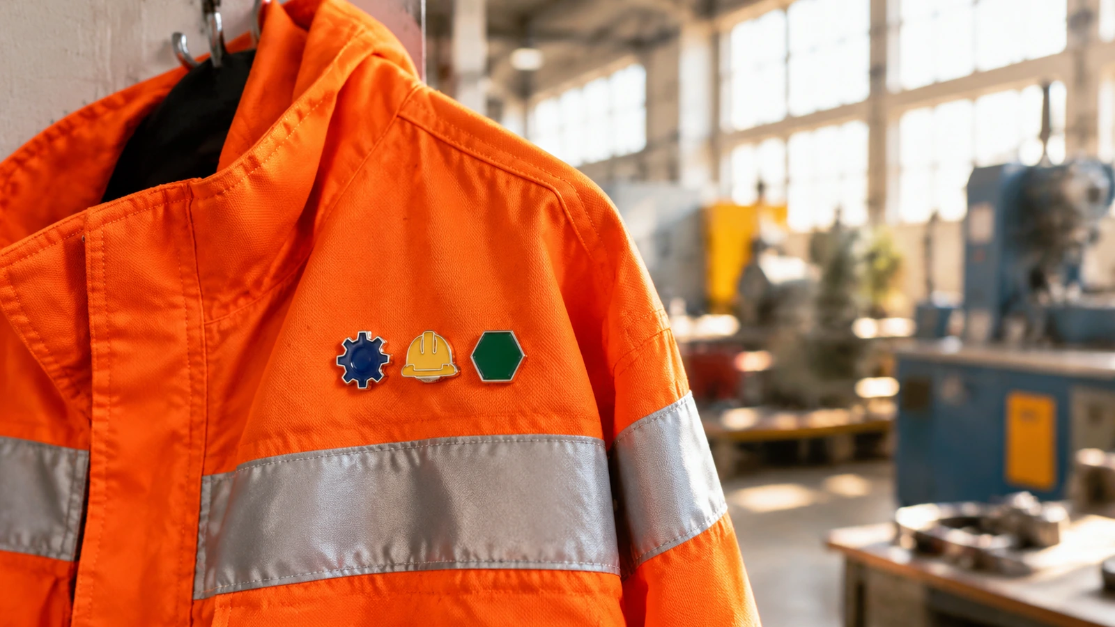 Spille in smalto geometriche senza decorazioni su una giacca da lavoro ad alta visibilità appesa in un luminoso laboratorio industriale