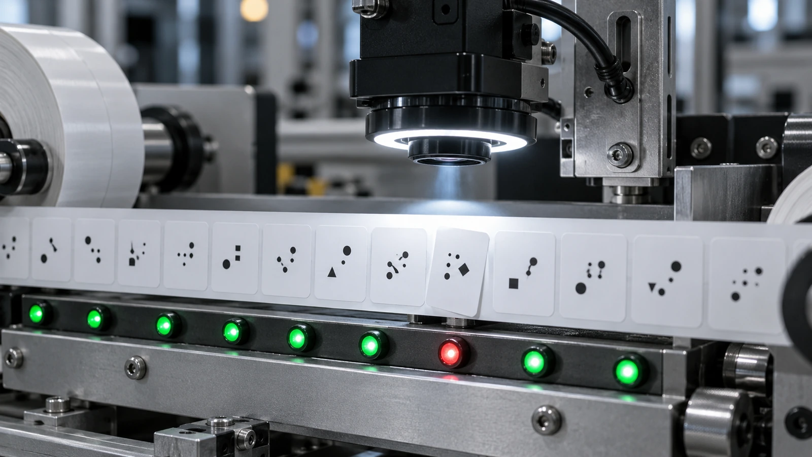 Telecamera in linea che ispeziona una bobina in movimento di etichette, con spie verdi per le etichette conformi e una luce rossa per un'etichetta scartata