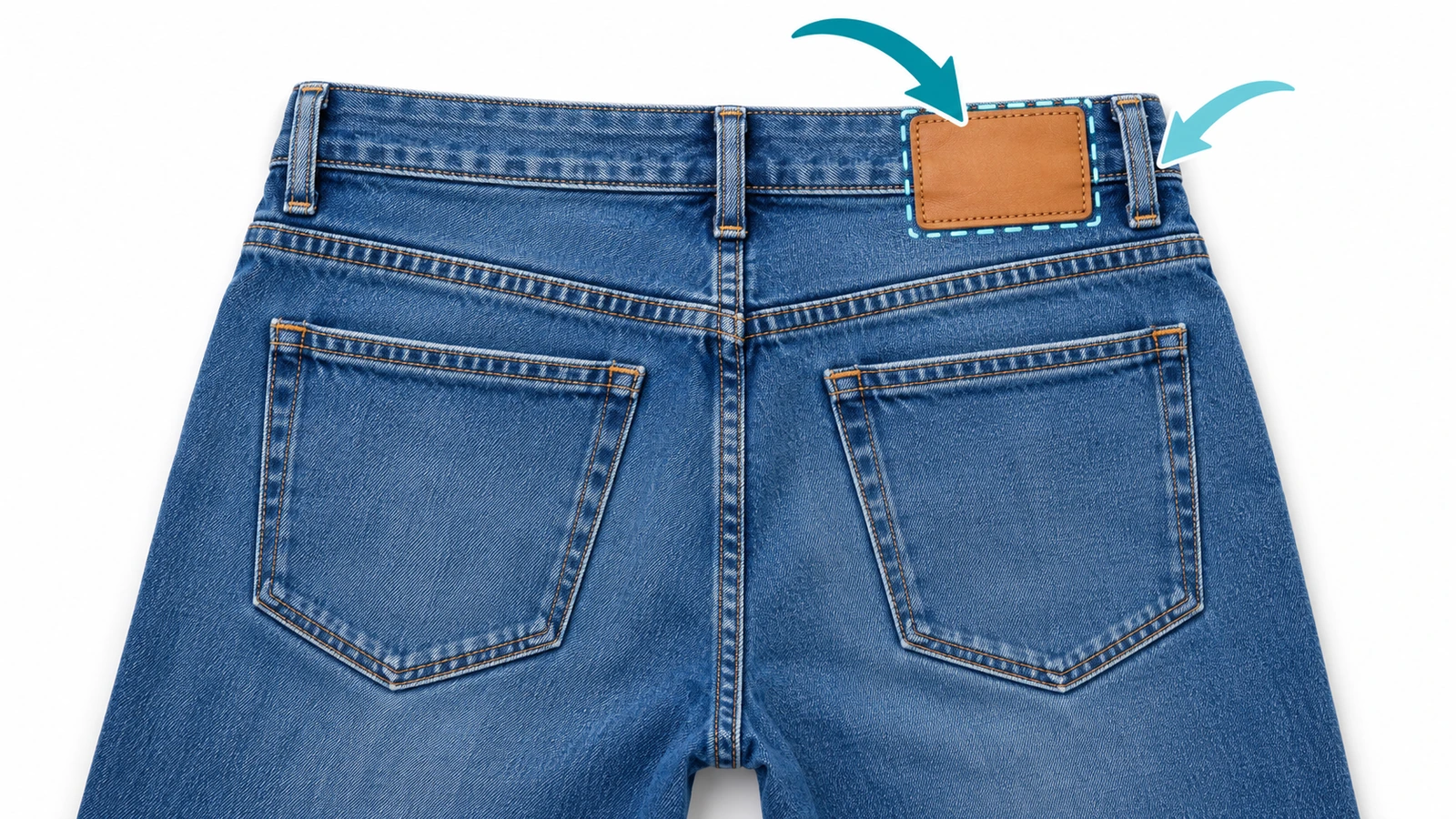 Retro di un paio di jeans con una patch in pelle sul cinturino posteriore destro, con frecce che indicano la sequenza di cucitura prima che i passanti vengano rinforzati con travetta