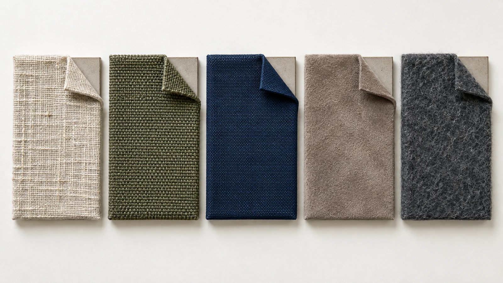 Cinque tessuti per copertine di taccuini a confronto: lino naturale, canvas di cotone, tela per rilegatura rivestita, finto camoscio e feltro di PET riciclato, con le rispettive trame