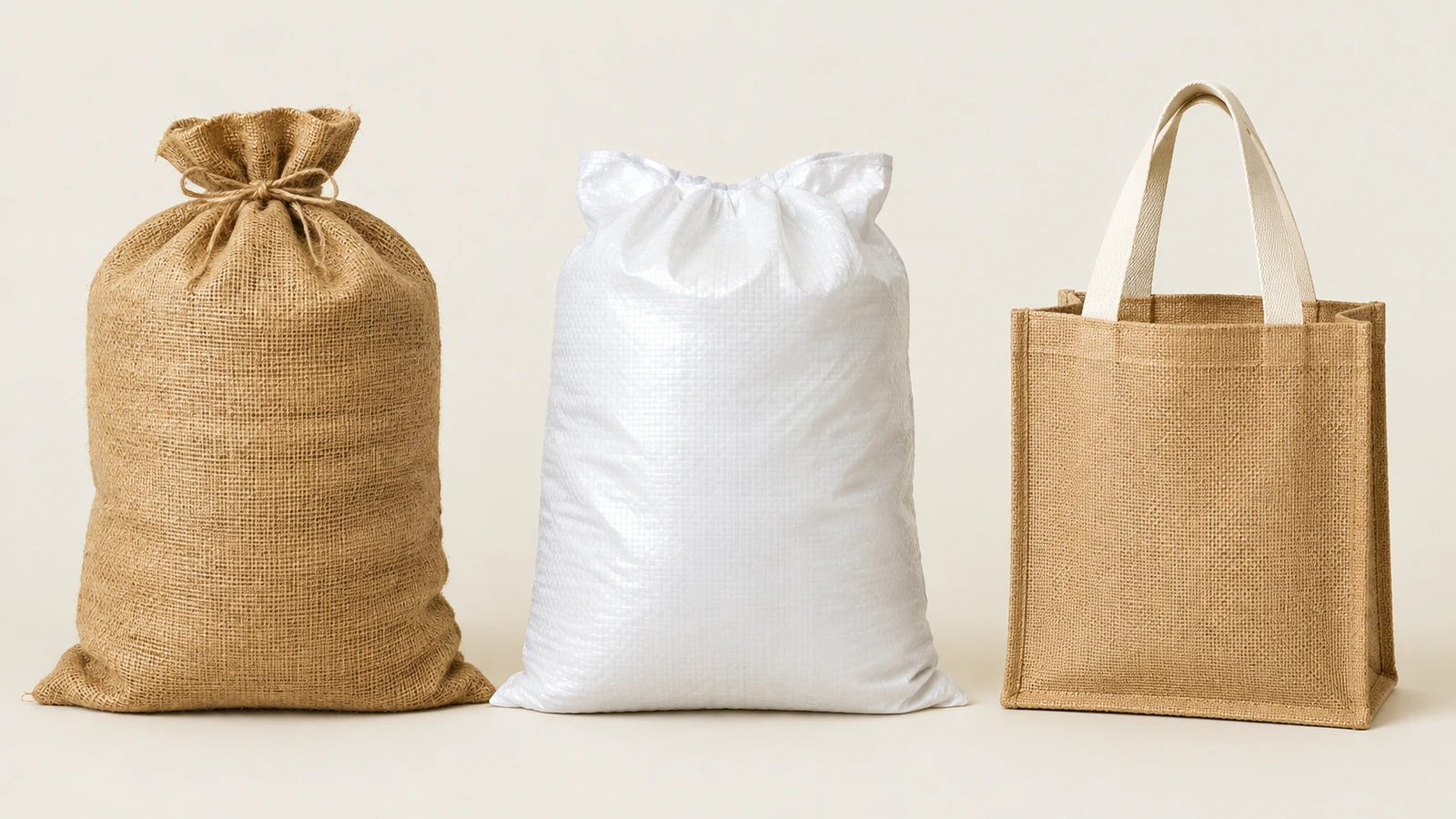 Side-by-side arrangement of a plain jute commodity sack, a white woven polypropylene sack and a jute tote with cotton handles