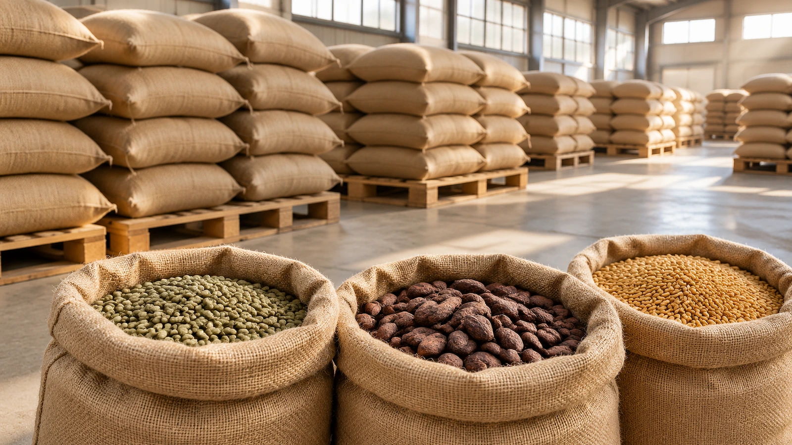 Stacked natural jute sacks of coffee beans, cocoa beans and grain on wooden pallets in a dry warehouse