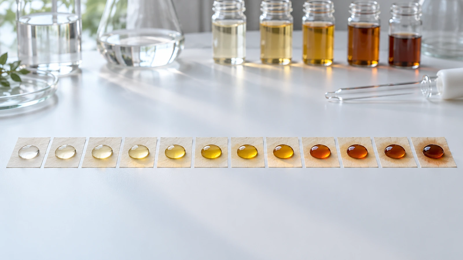 Banco di laboratorio con una fila di campioni di carta, ciascuno con una goccia di liquido di prova progressivamente più scuro, a illustrare il test Kit graduato per la resistenza ai grassi