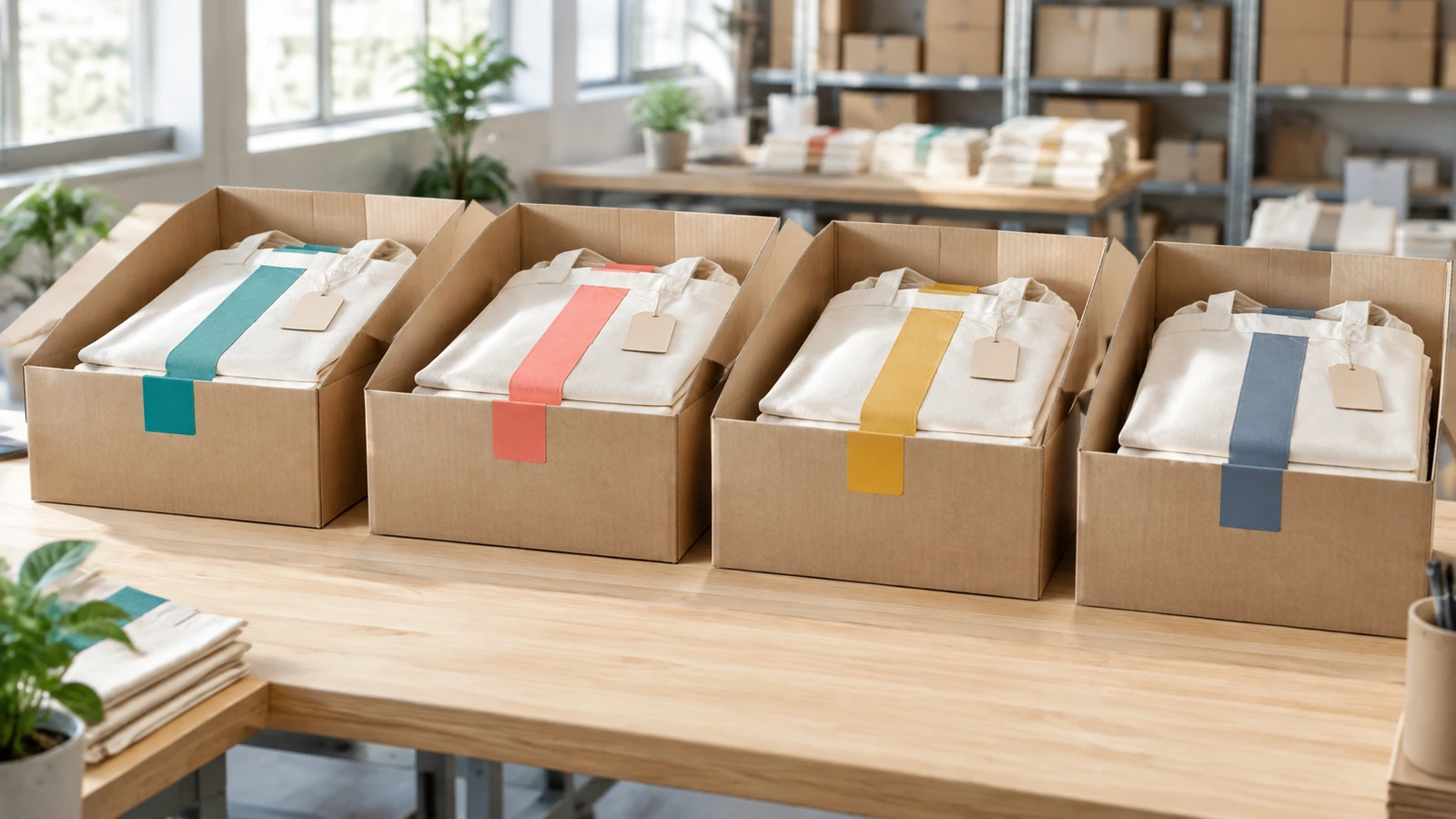 Borse tote imballate e ordinate in una sequenza di scatoloni con linguette colorate corrispondenti a ciascun gruppo di distribuzione