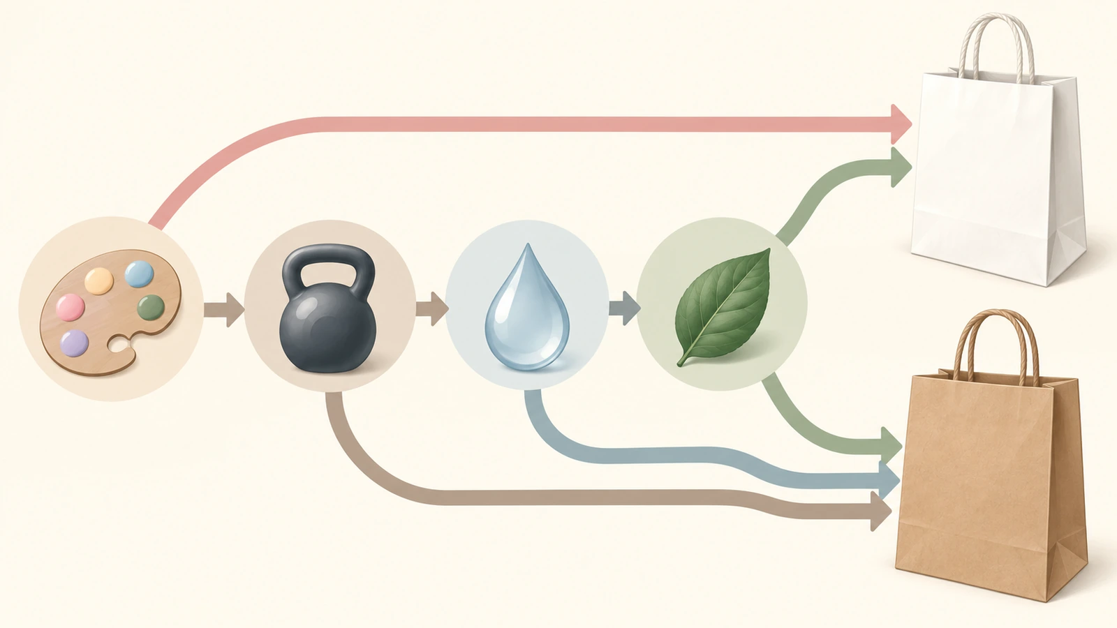 Illustrazione di un diagramma decisionale con forme semplici e frecce: un'icona di tavolozza, un'icona di peso, una goccia d'acqua e una foglia conducono lungo percorsi ramificati verso un sacchetto in kraft bianco o un sacchetto in kraft marrone