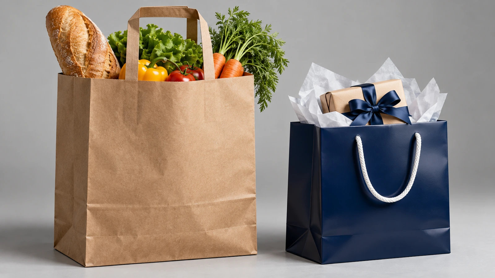 Borsa kraft marrone per la spesa con manici piatti accanto a una borsa regalo scura e lucida in carta patinata laminata con manici a corda, entrambe con superfici prive di stampa