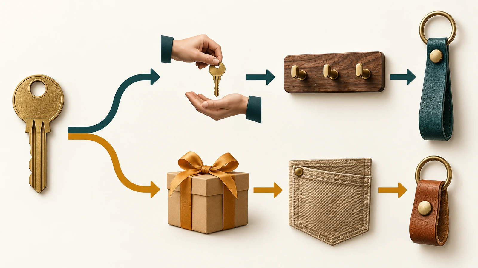 Diagramma di flusso decisionale con icone e frecce: un'icona di chiave si dirama verso un percorso con laccio da indossare per le chiavi di lavoro condivise e verso un percorso con portachiavi da tasca per le consegne una tantum come regalo