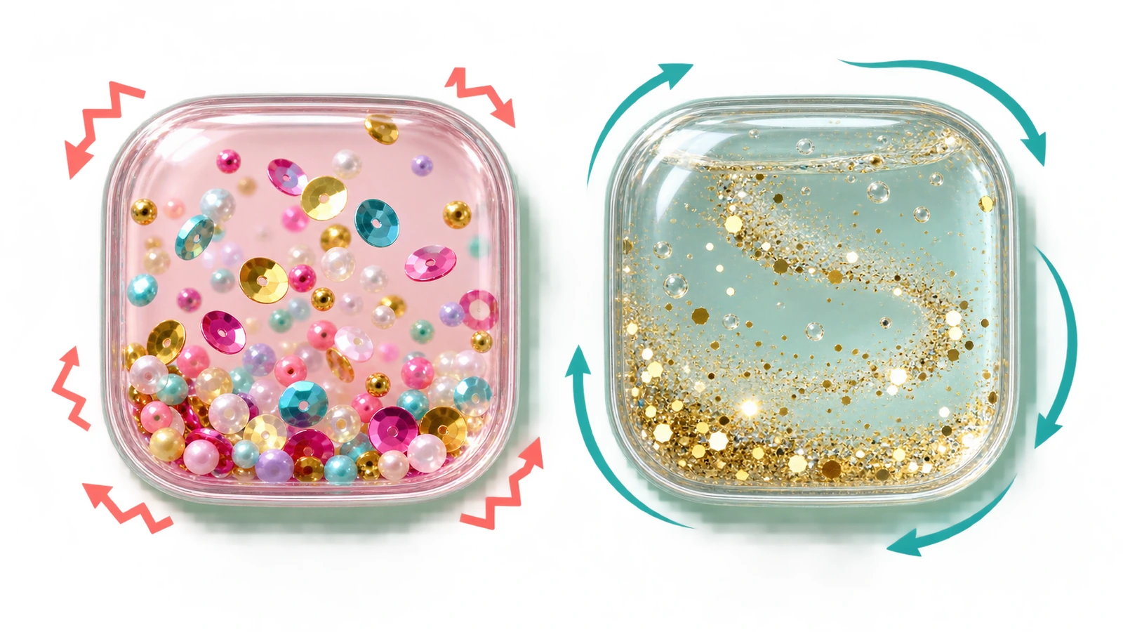 Due sticker shaker affiancati: a sinistra, paillettes che ruotano in una cavità secca con frecce di movimento corte e nette; a destra, glitter che scende lentamente nel liquido con frecce lunghe e curve
