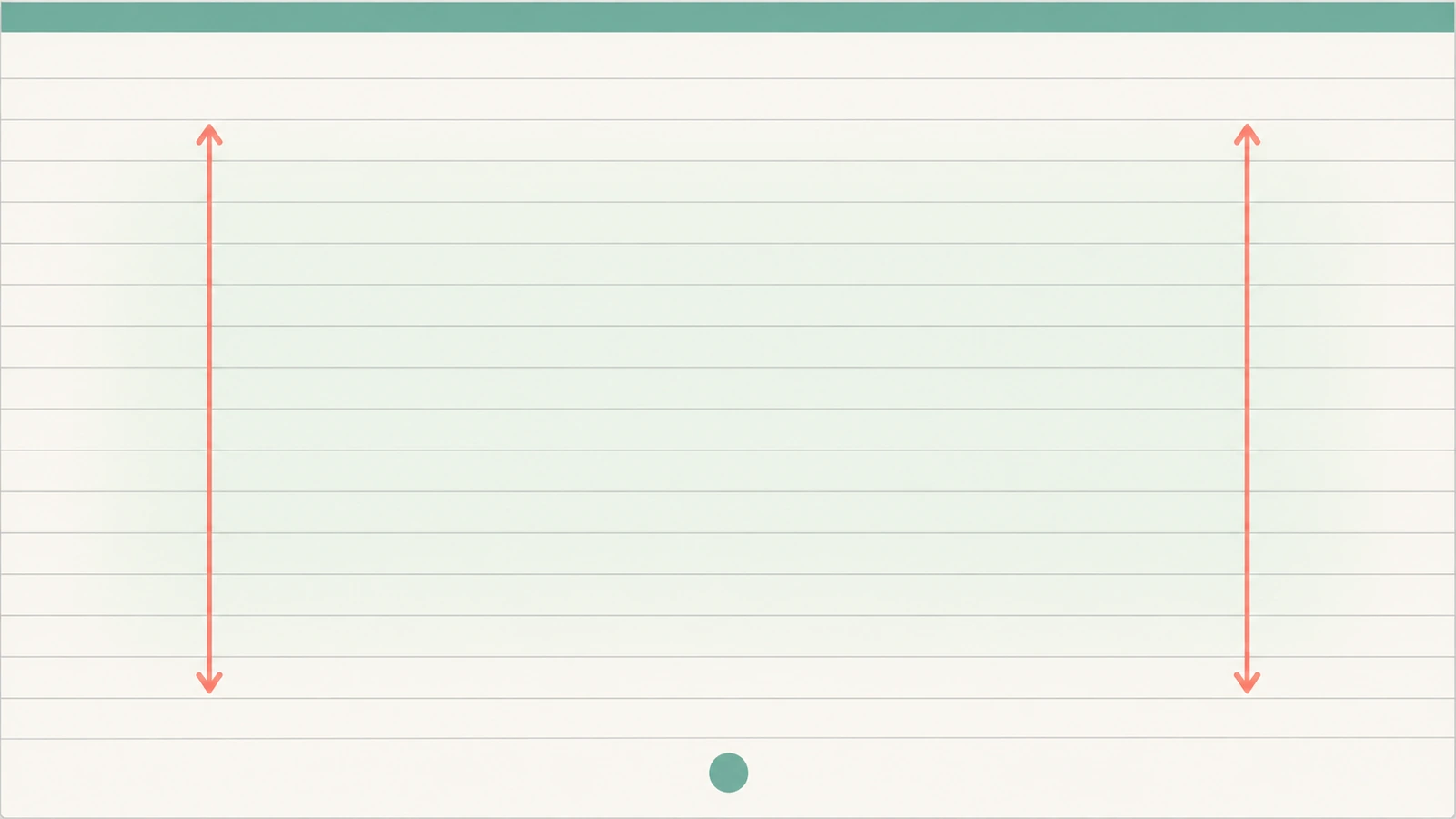 Schema di una pagina di quaderno con una sottile fascia colorata in alto e un piccolo segno in basso, con frecce che indicano l'area di scrittura libera tra i due