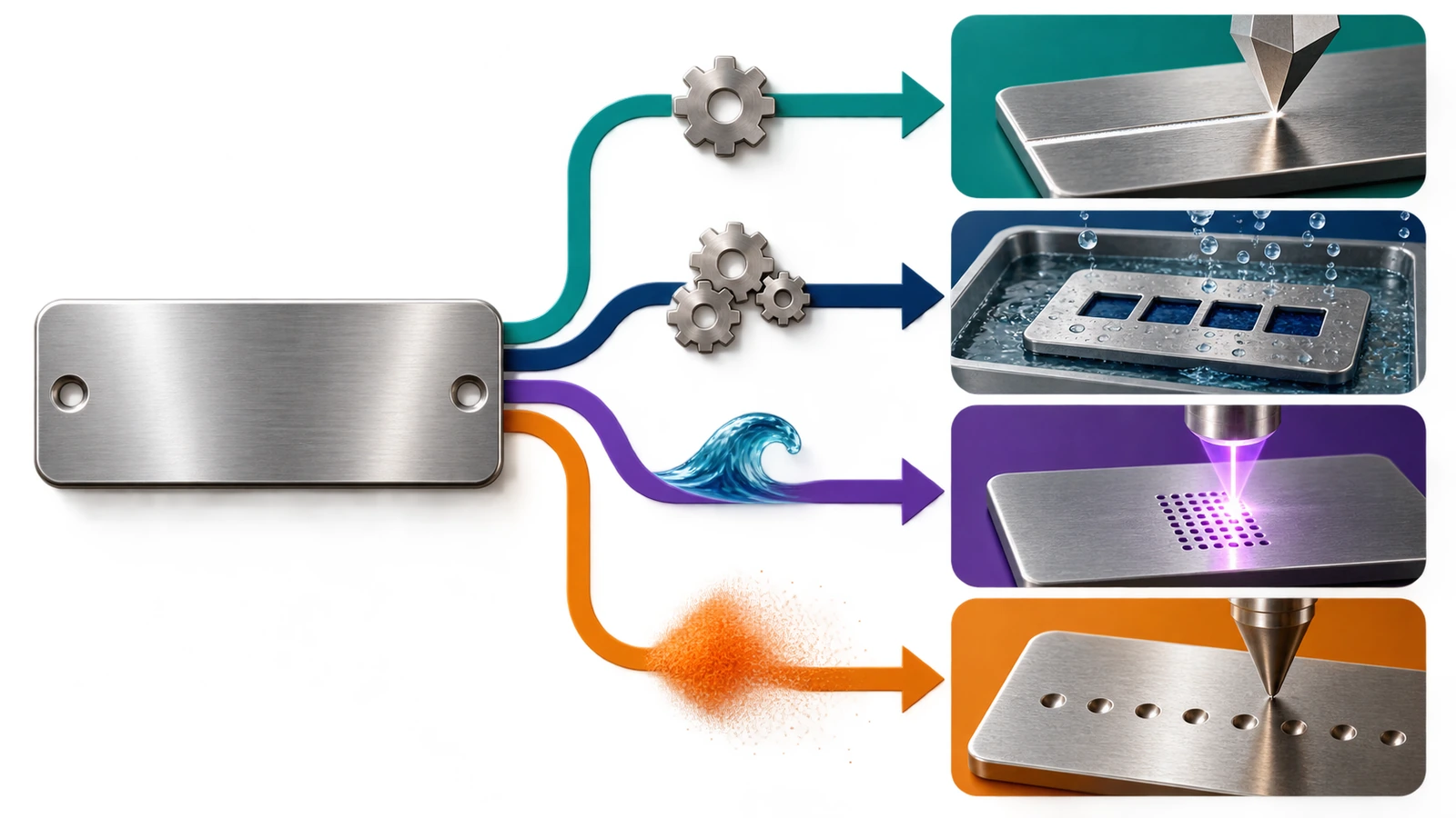 Diagramma decisionale che mostra quattro percorsi di marcatura per targhette in acciaio inox, scelti in base a volume, variabilità dei dati e ambiente