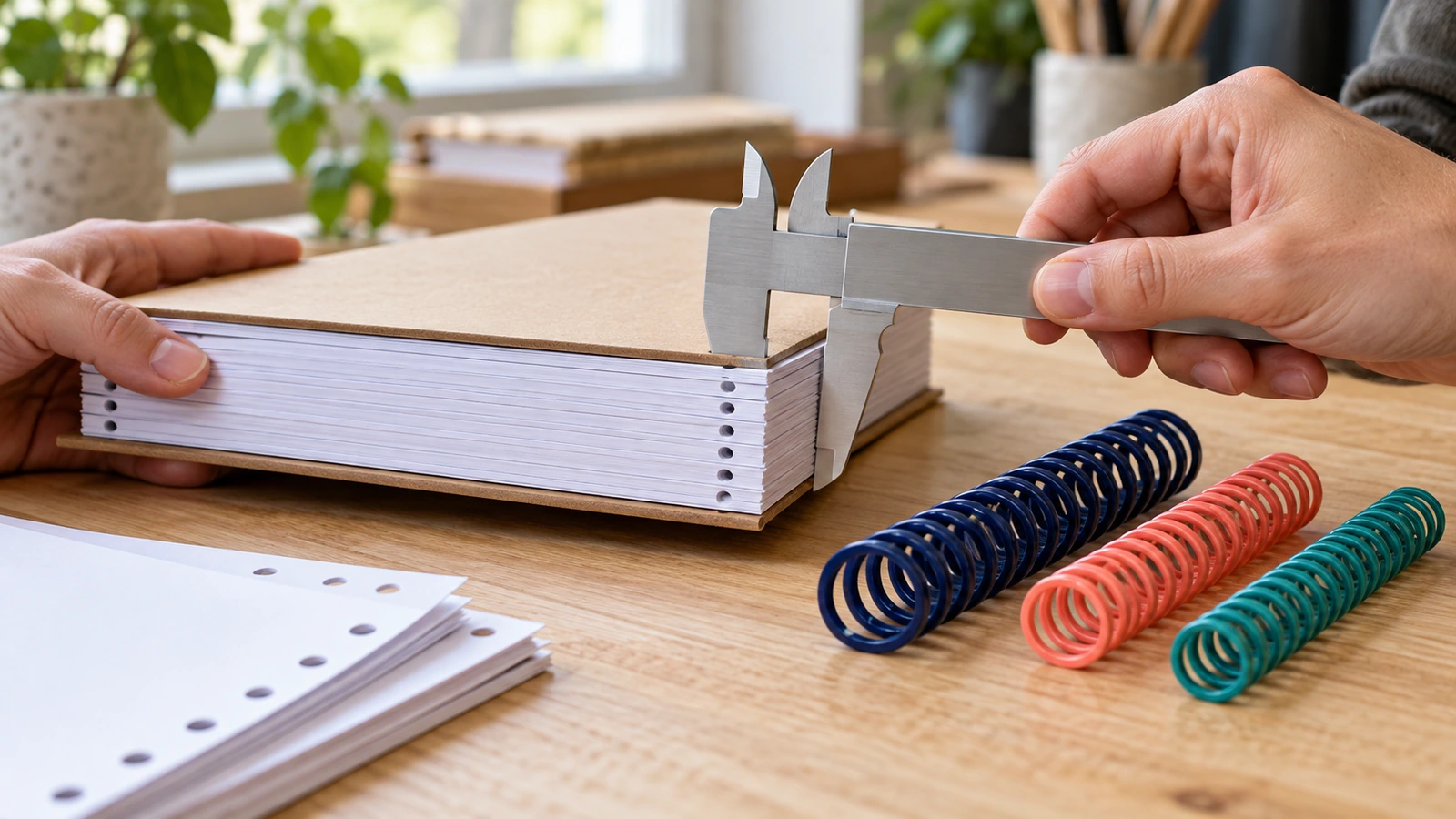 Mani che misurano con un calibro senza scala lo spessore del blocco fogli impilato e delle copertine di un quaderno prima di scegliere la misura della spirale