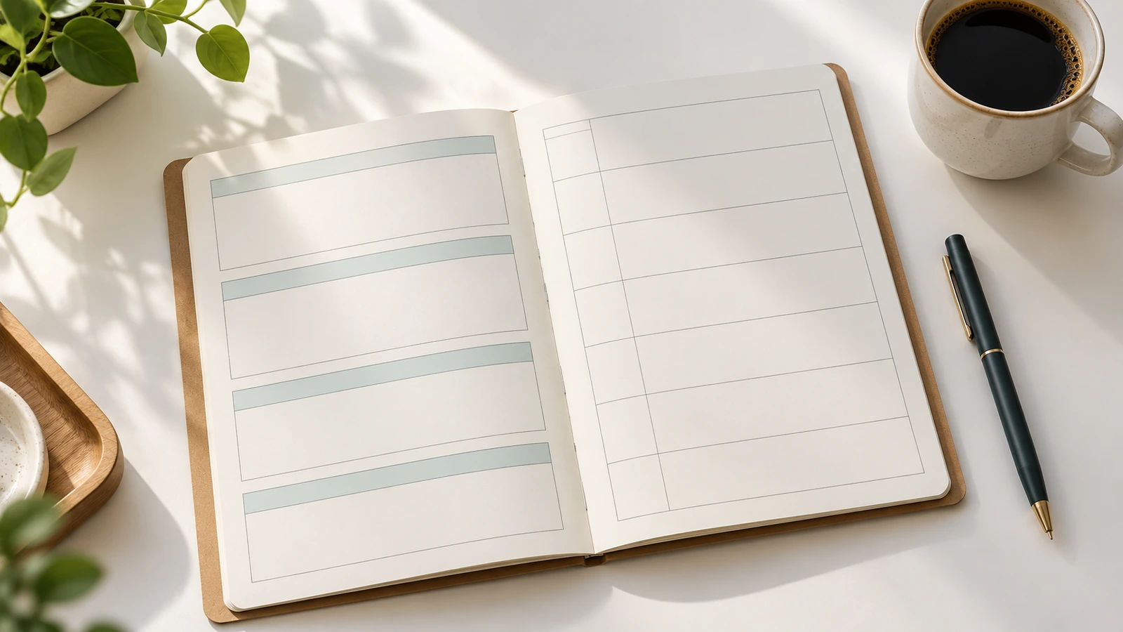 Quaderno aperto con un modello per riunioni sulla pagina di sinistra e una griglia agenda settimanale su quella di destra, rappresentati con semplici blocchi ombreggiati e linee