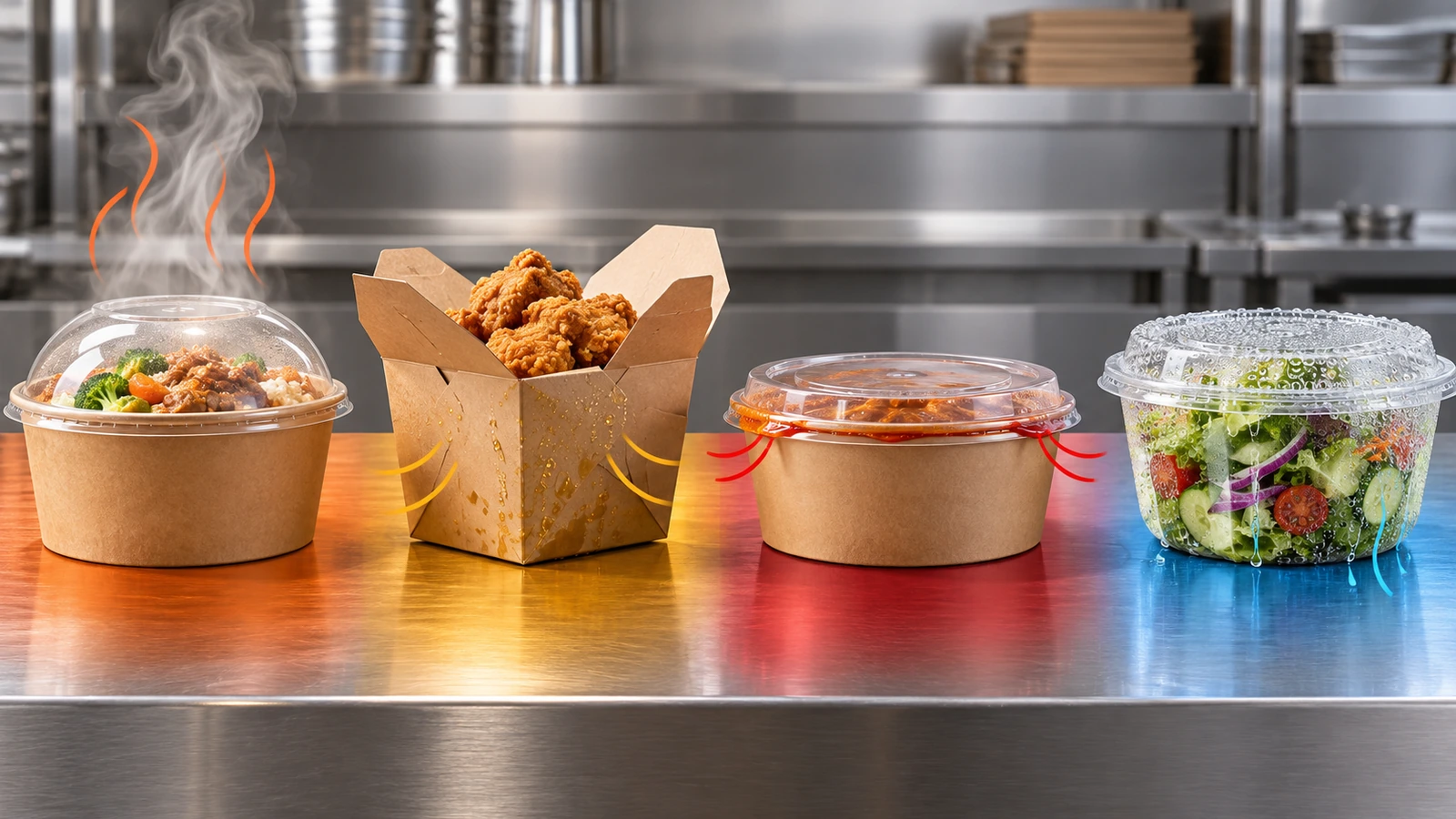 Quattro contenitori da asporto su un piano di cucina che mostrano le quattro modalità di cedimento del menu: vapore che sale da un pasto caldo, gocce d'olio su un fritto, una salsa che si raccoglie alla giunzione del coperchio e goccioline di brina su un'insalata fredda