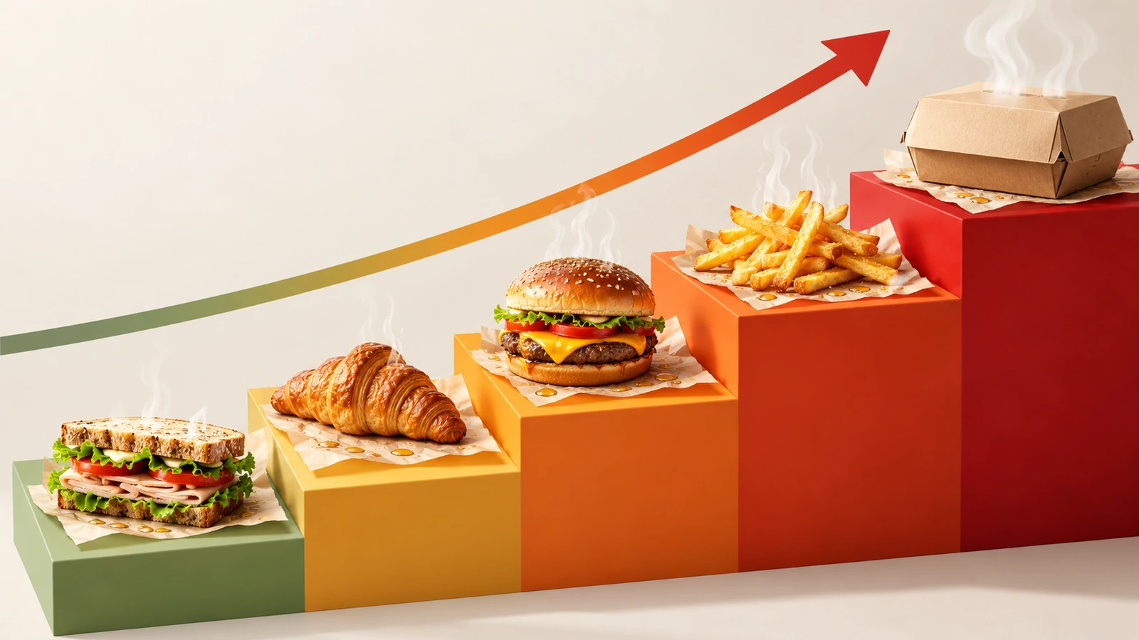 Illustrazione a gradini di alimenti da asporto che salgono da croissant e panino a patatine fritte e scatola di consegna chiusa, con gocce d'olio e onde di calore crescenti a ogni gradino per mostrare la crescente richiesta di barriera ai grassi