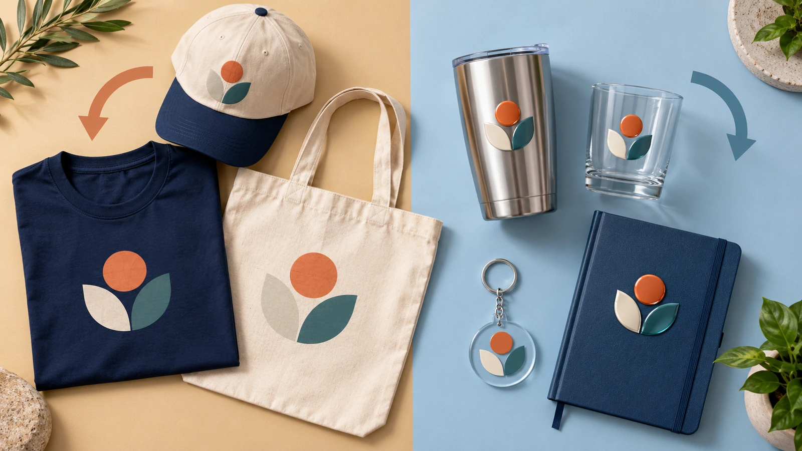 Kit di merchandising disposto in piano e diviso in una zona tessuti, con maglietta, borsa di tela e cappellino, e una zona articoli rigidi, con bicchiere termico, bicchiere di vetro, portachiavi in acrilico e taccuino