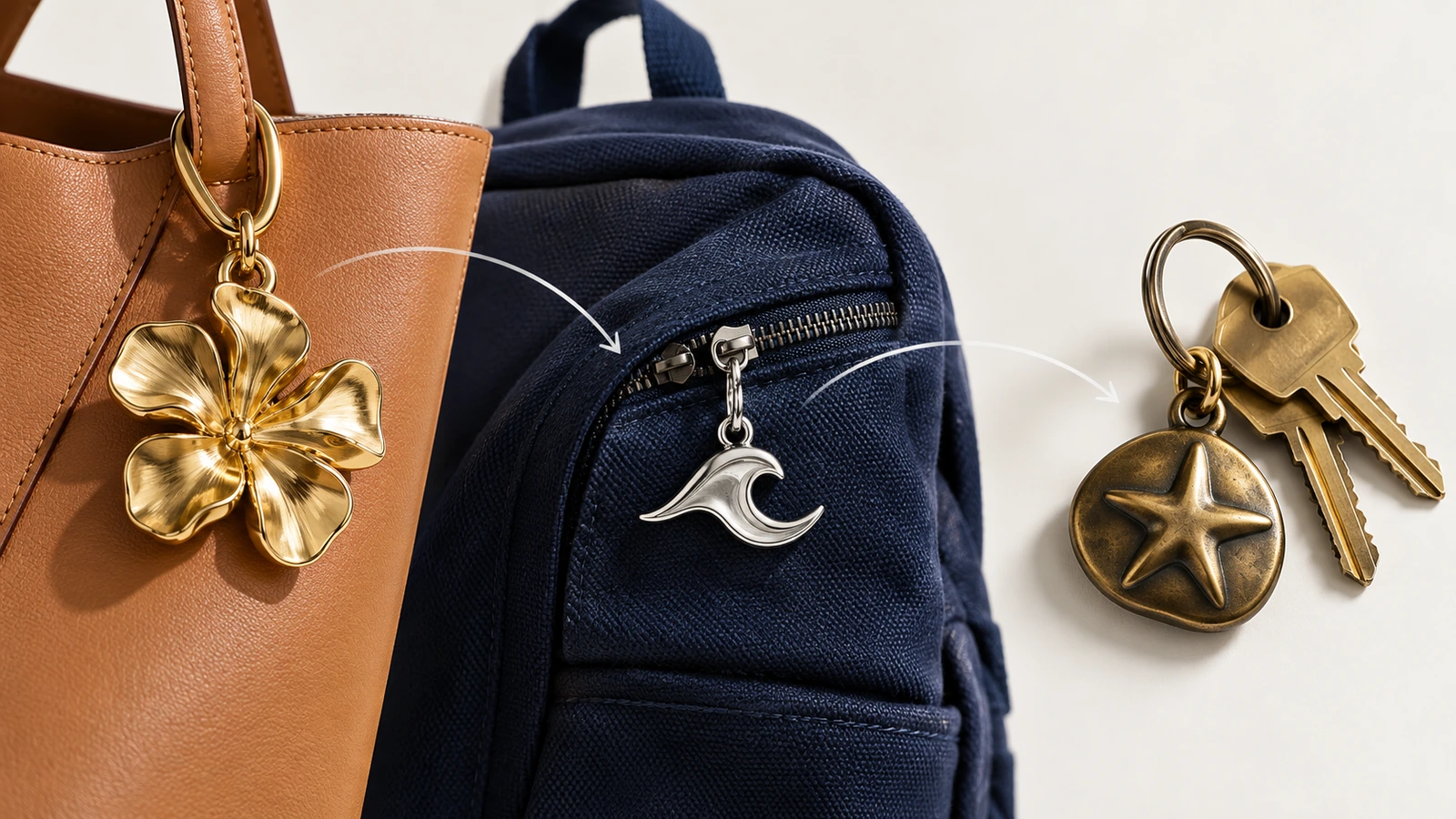 Confronto tra tre formati di charm in metallo per portachiavi: un charm da borsa scolpito appeso al manico di una shopper, un tiretto piatto per cerniera su uno zaino e un charm tondeggiante per anello con delle chiavi