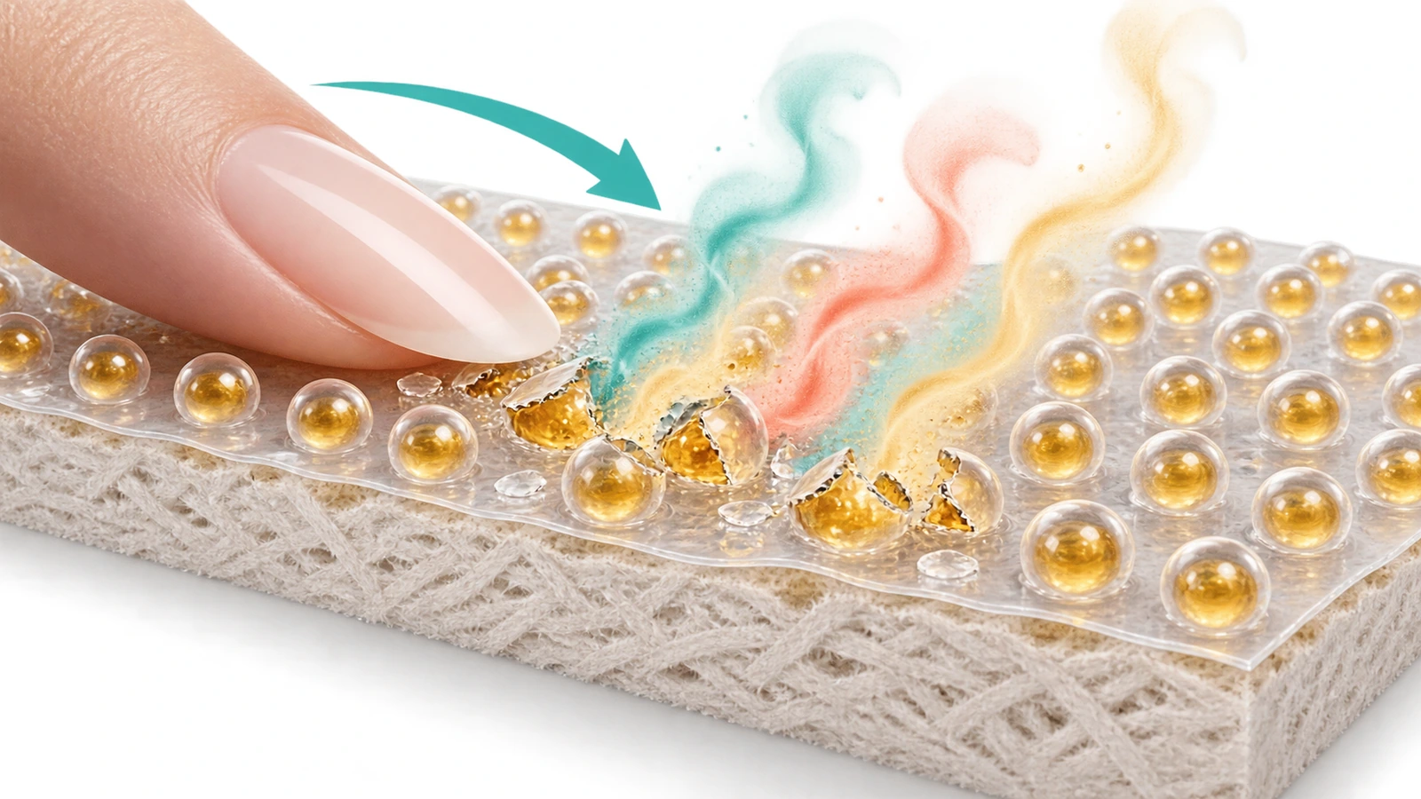 Sezione illustrata di microcapsule di profumo su una superficie di carta, alcune integre e altre aperte da un'unghia, con volute di profumo che salgono