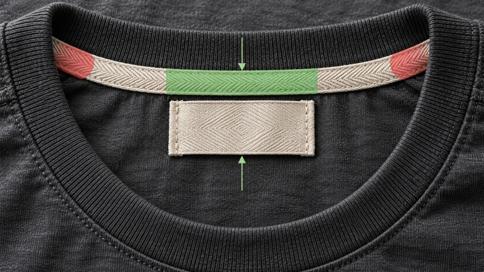 Primo piano dell'interno del collo dietro di una t-shirt con un'etichetta tessuta vuota centrata tra le cuciture delle spalle e allineata sotto il nastro del collo dietro, con sagome colorate di guida che indicano la zona di cucitura a piatto