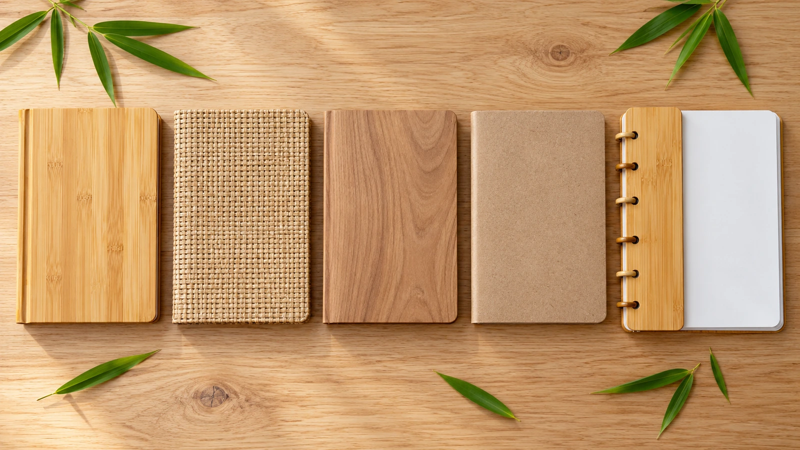 Vista dall'alto che confronta un quaderno con copertina in bambù massello, un quaderno in tessuto di fibra di bambù, un quaderno sintetico con effetto venatura del legno, un quaderno in kraft riciclato e un quaderno con guscio in bambù riutilizzabile