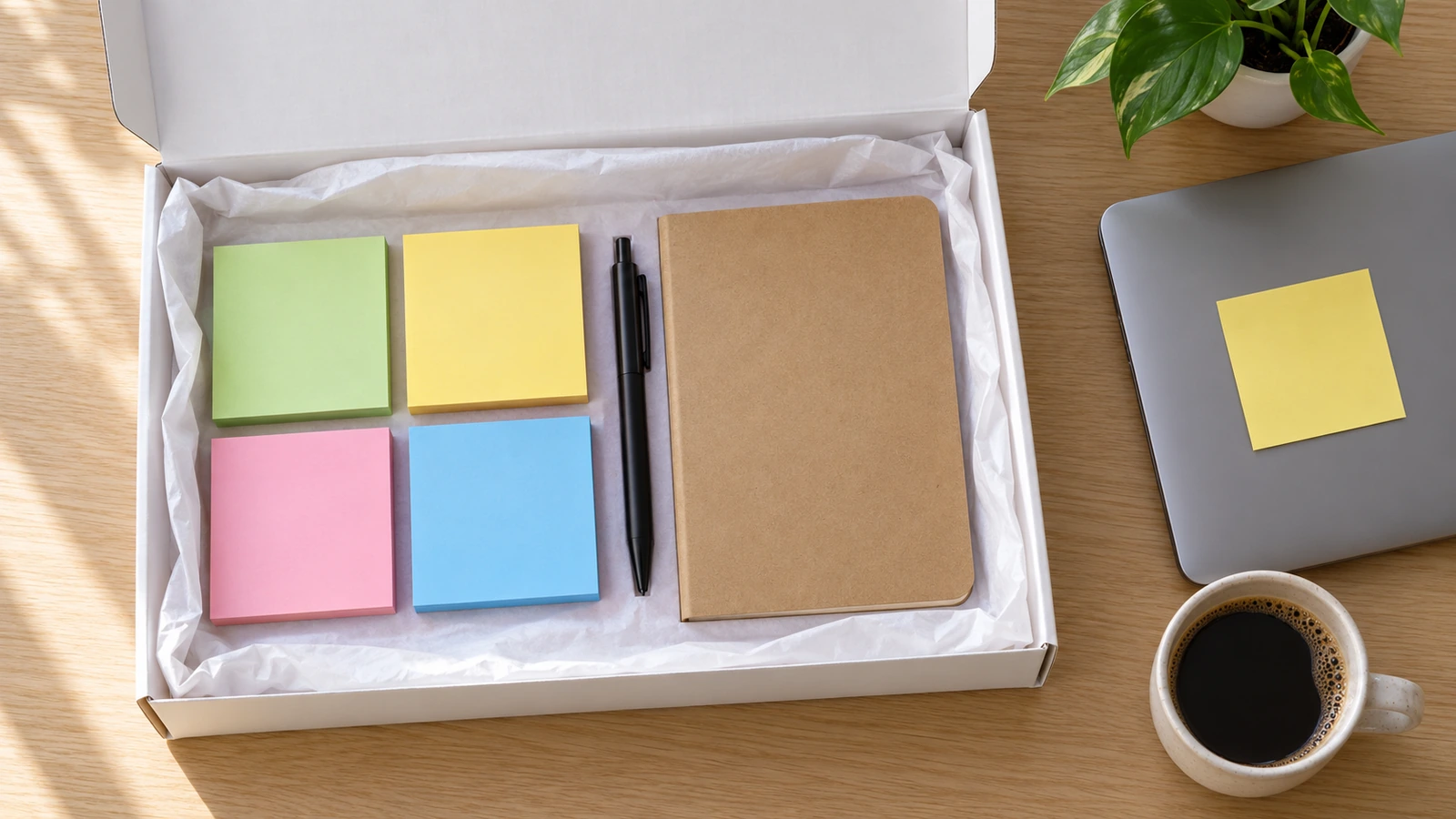 Foto dall'alto di un kit di benvenuto aperto per un cliente, con un set di blocchetti colorati, una penna e un taccuino su una scrivania di legno chiaro, con 1 foglietto già attaccato al bordo di un laptop
