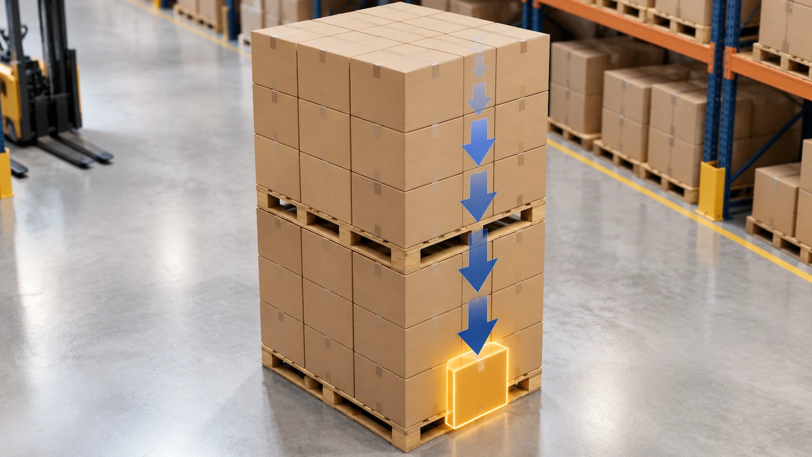 Due pallet di scatole di cartone ondulato impilati uno sull'altro, con frecce rivolte verso il basso sempre più pesanti verso la scatola inferiore del pallet sottostante, che mostrano come si accumula il carico superiore