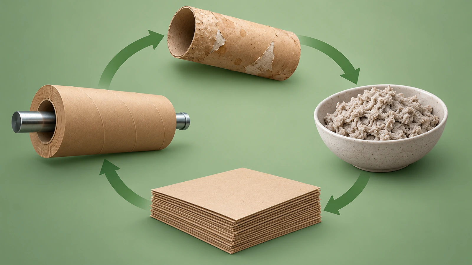 Flusso circolare di frecce che collega un tubo di carta, la polpa di fibre di carta, il cartoncino piano e un tubo appena avvolto
